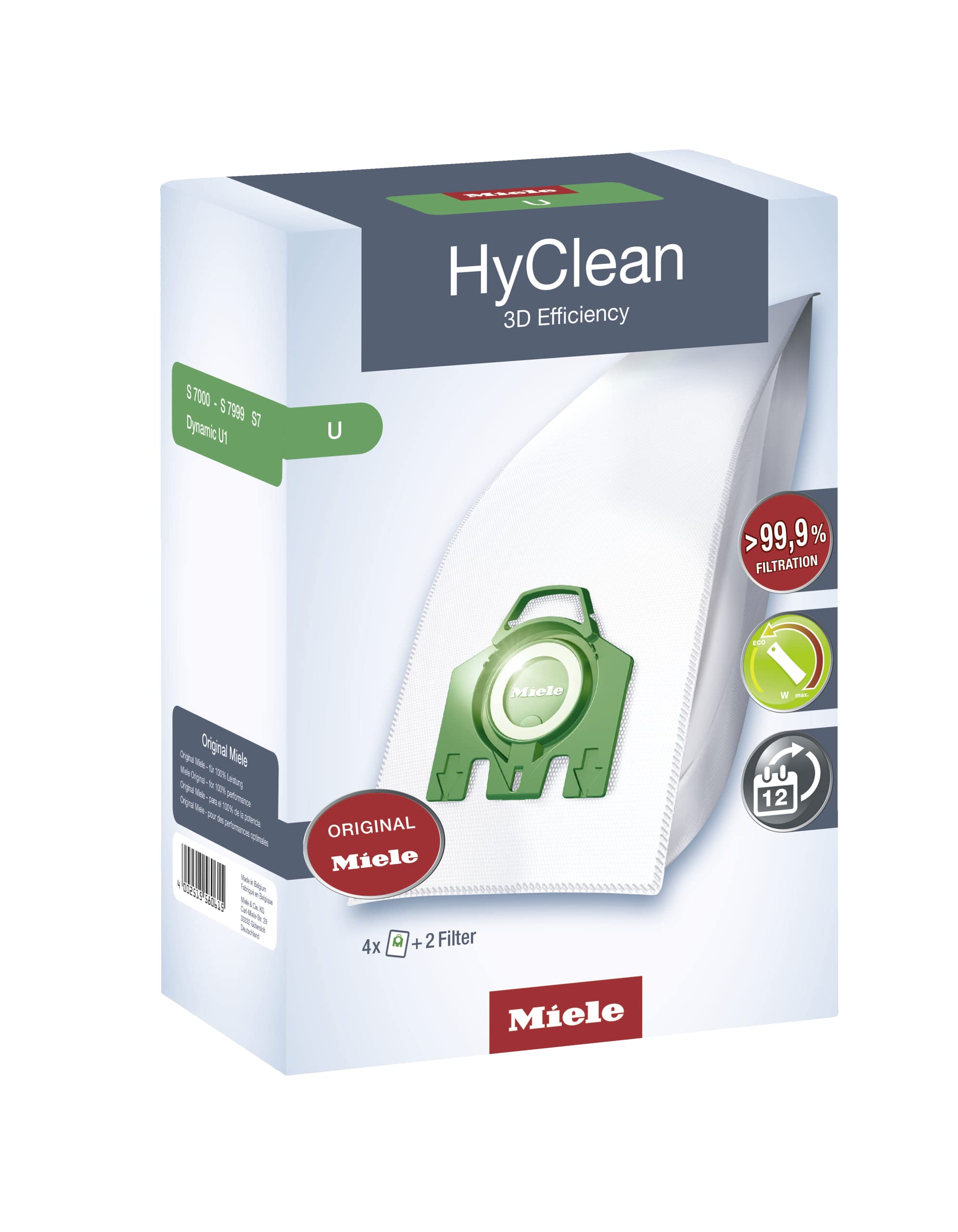 Miele 10123250 HyClean 3D Efficiency U Vacuum Cleaner Bags - 6 Pack | Dust Retention Technology for Miele Canister Vacuums | Perfect for Pet Hair, Allergies & Deep Cleaning Carpets