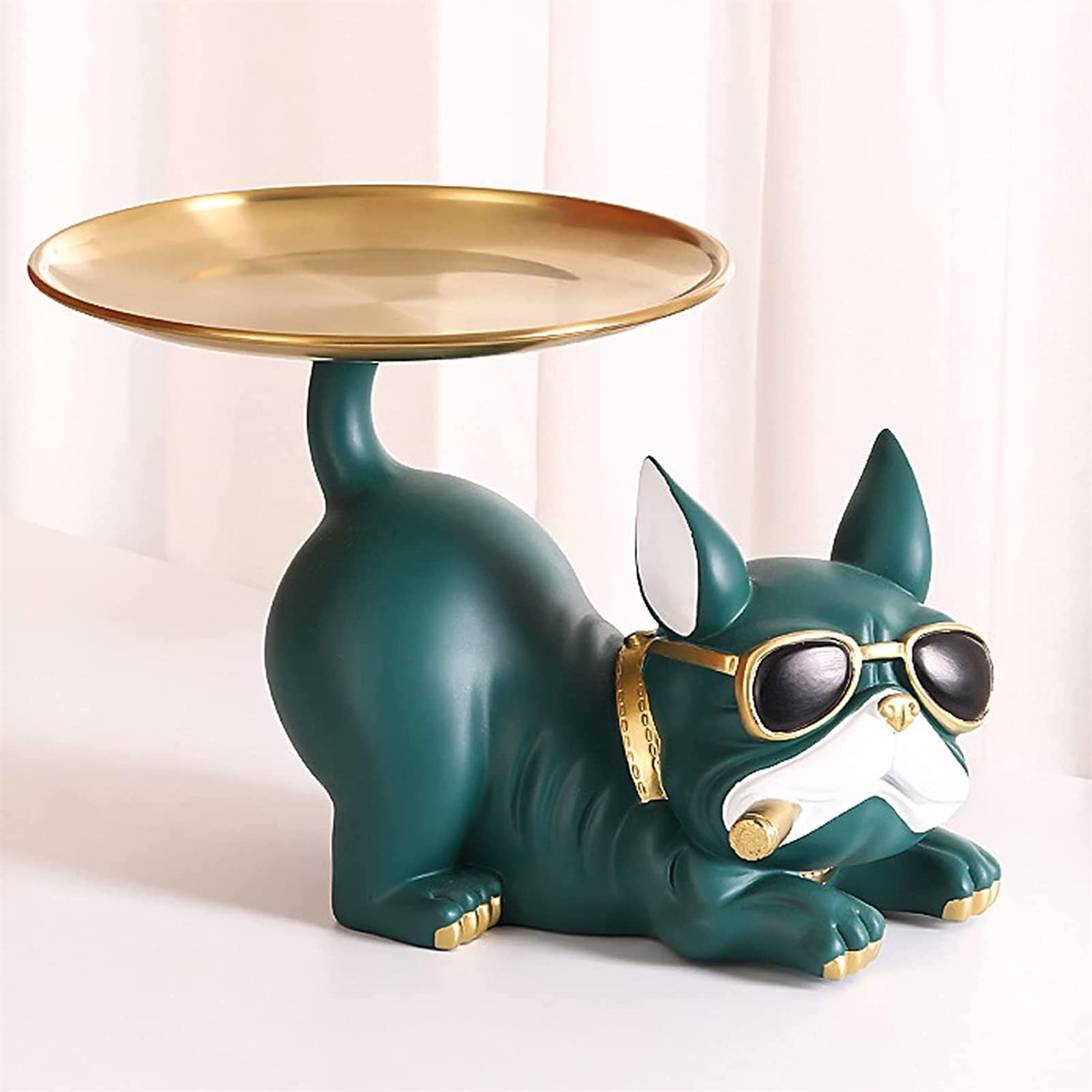 Modern Resin Bulldog Sculpture - Decorative Figurine, Storage Tray, Coin Bank & Key Holder - Green Art Statue for Home, Office Desk or Entryway Decor - Perfect Gift for Dog Lovers & Unique Home Accessory