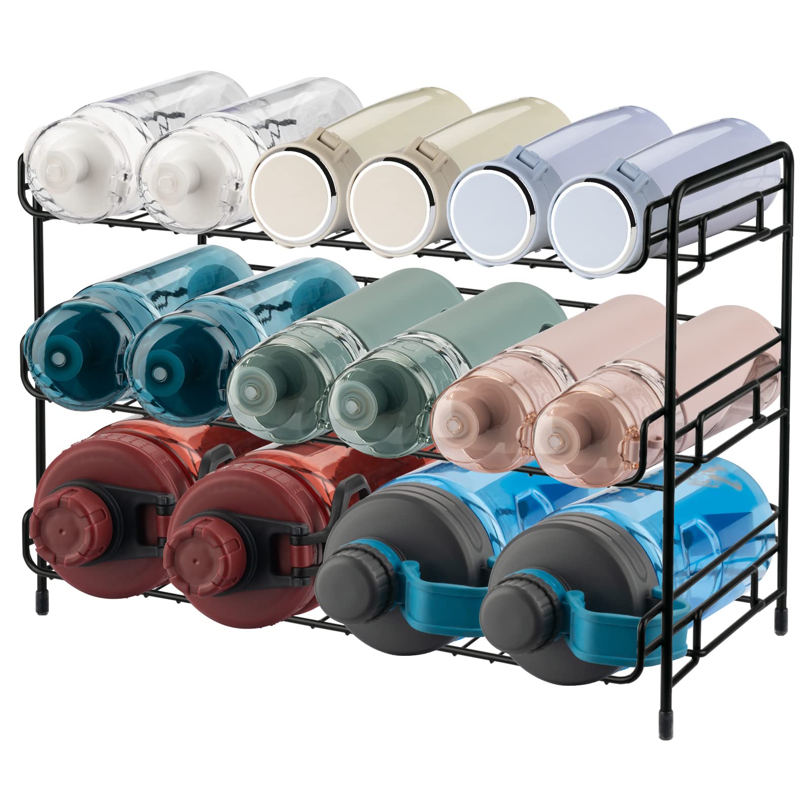 3-Tier Stackable Water Bottle Storage Organizer Rack for Soda, Can & Bottles - Space Saving Cabinet, Kitchen Countertop, Pantry & Fridge Organizer (Black) - Perfect for Home, Office & Dorm Organization