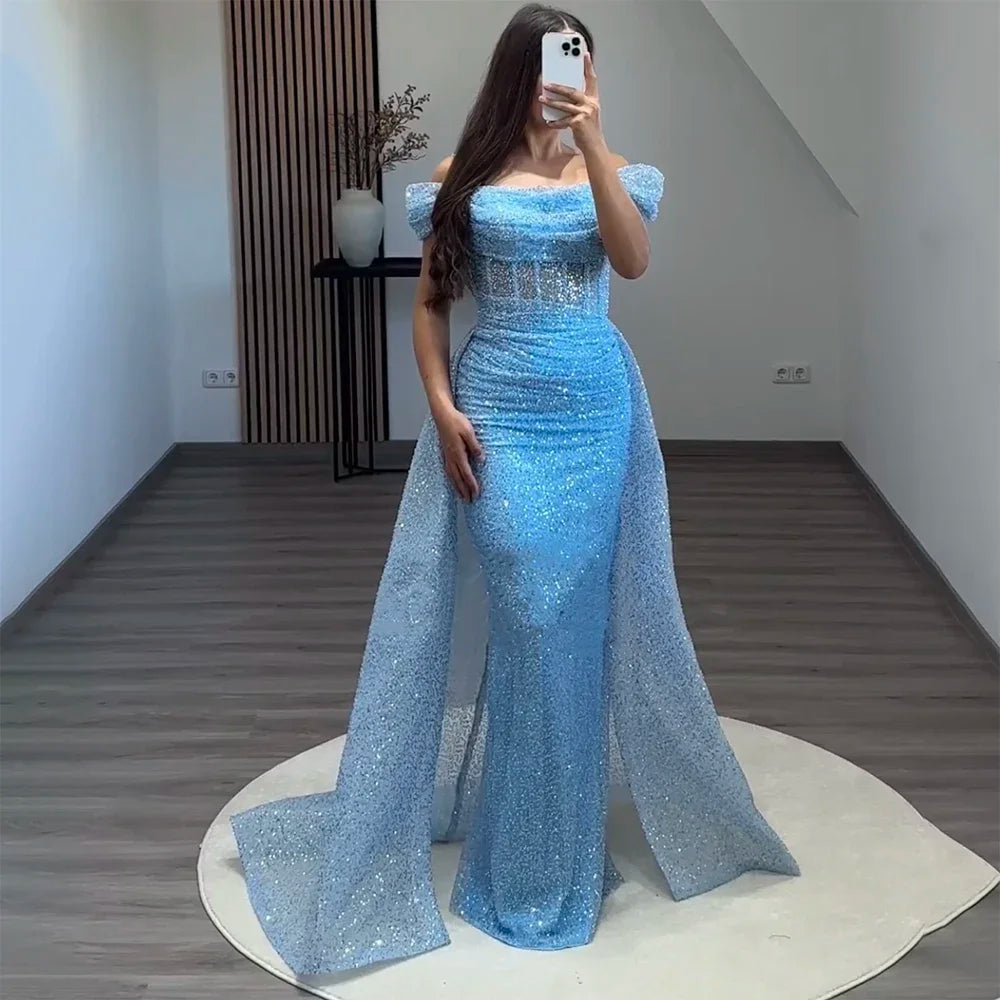 Elegant Blue Mermaid Off-Shoulder Beaded Sequined Evening Gown with Overskirt for Women - Perfect for Prom, Party & Formal Events 2025 (LA72204)