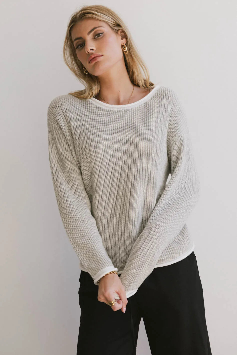 Stylish Mandy Contrast Sweater in Grey - Cozy Knit Pullover for Women | Perfect for Casual Outfits, Office Wear & Fall Fashion | FINAL SALE