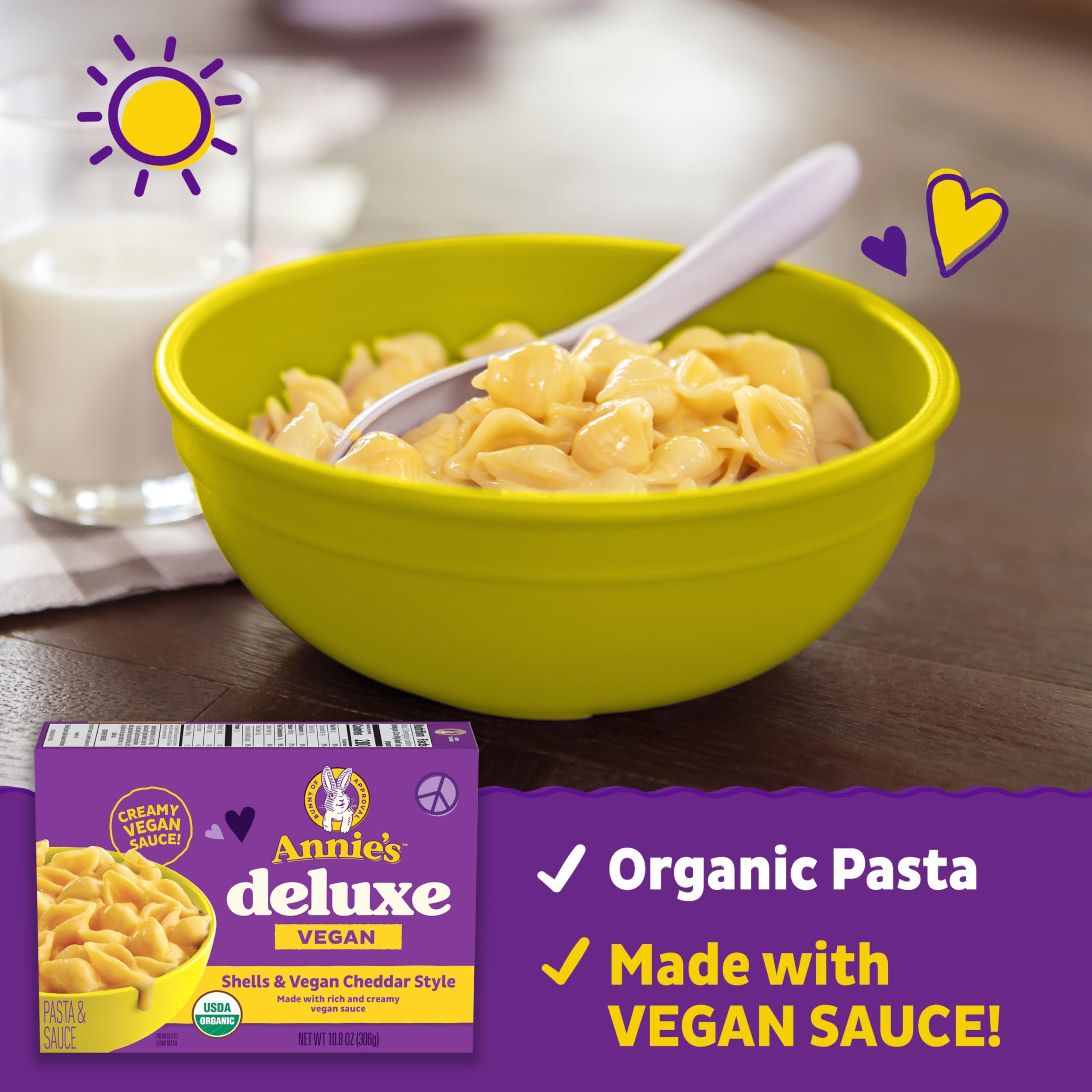 Annie's Deluxe Vegan Mac and Cheddar Shells - 10.8 oz (Pack of 12) | Organic Plant-Based Macaroni & Cheese | Quick Vegan Dinner, School Lunches & Comfort Food