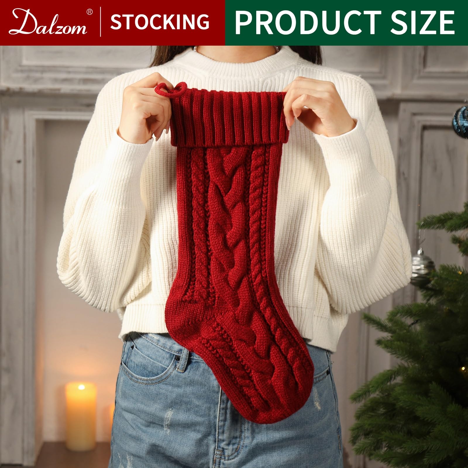 Dalzom® 4Pcs Personalized Christmas Stockings with Leather Patches - Custom Name Embroidery, 18” Large Knitted Holiday Stockings for Kids & Family - Perfect for Fireplace Decor, Christmas Party, and Festive Home Decoration