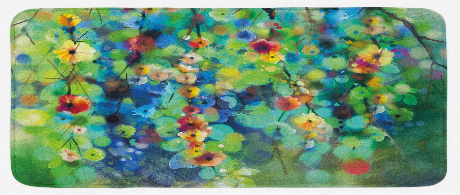 Ambesonne Floral Kitchen Rug - Non-Slip Plush Mat with Vibrant Spring Flower Design, 47x19 Inches, Blue Green - Perfect for Farmhouse, Cottage & Modern Kitchen Decor