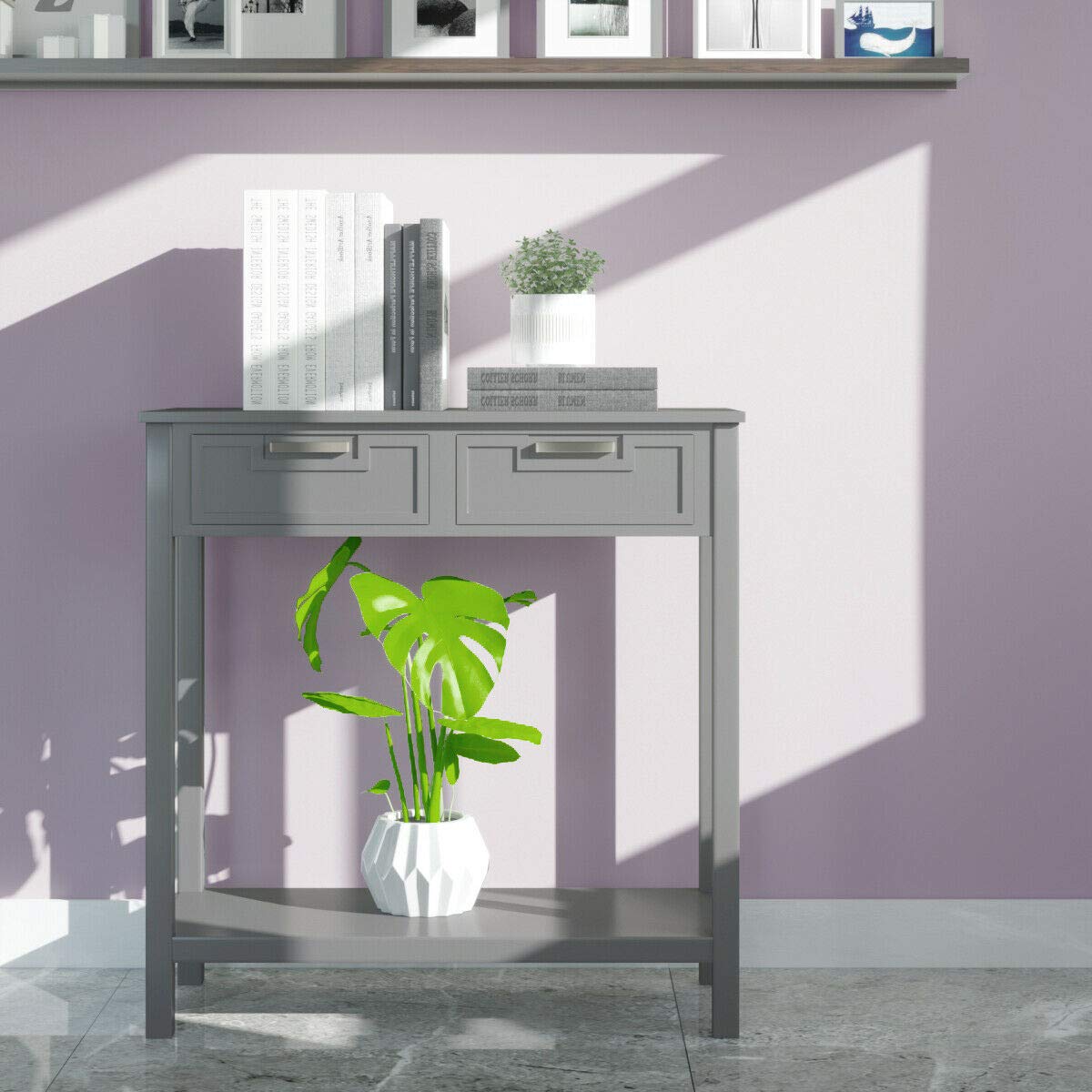 Modern Gray Entryway Sofa Accent Console Table with 2 Drawers - Sturdy Waterproof Storage Shelf for Bedroom, Living Room & Hallway - Perfect for Small Space Organization & Home Decor
