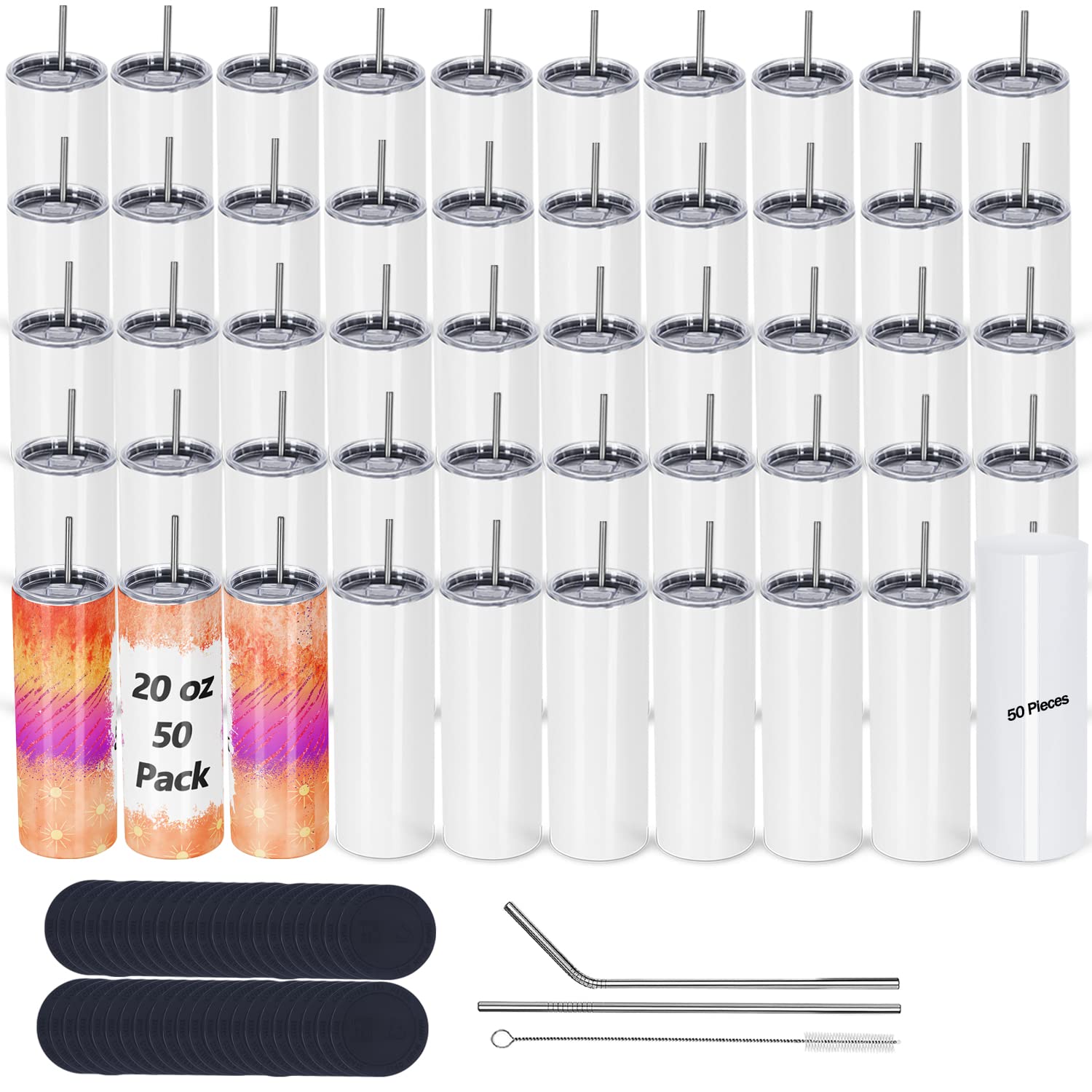 50 Pack 20 oz Sublimation Tumblers - Skinny Straight Stainless Steel Blanks Cups (White, Individually Boxed) for DIY Crafts, Personalized Gifts & Promotional Events
