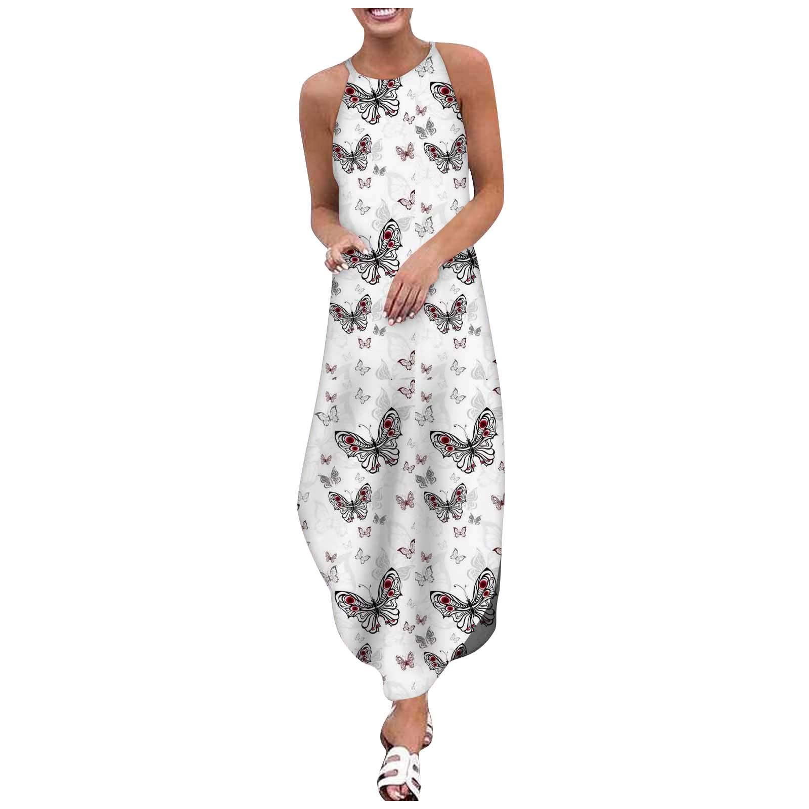 Women's Plus Size Summer Loose Fit O-Neck Printed Cotton Linen Sleeveless Maxi Dress - Casual Beach Wear & Vacation Outfit