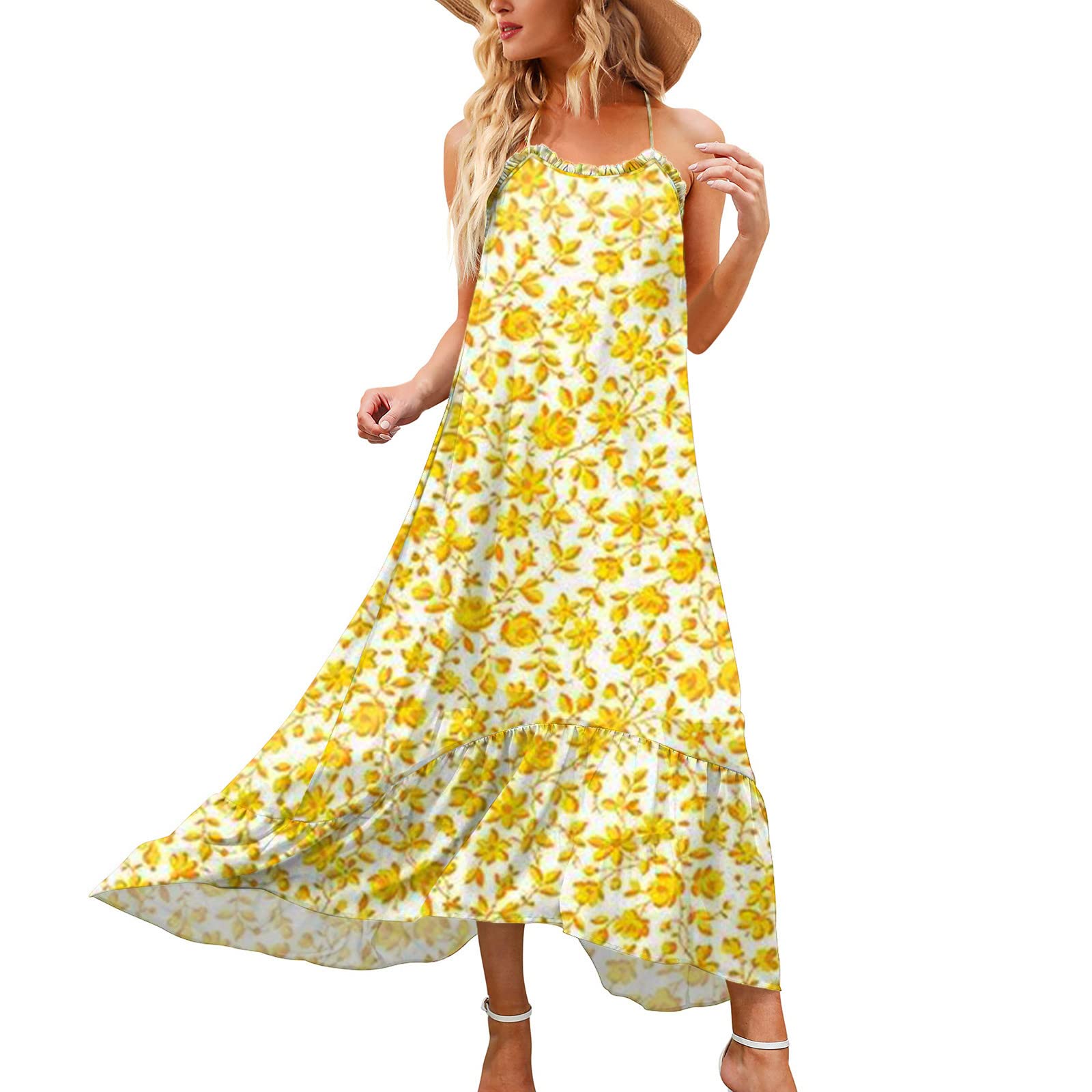Women's Floral Spaghetti Strap Cami Maxi Dress - Summer High Low Hem Flounce Dress for Beach, Vacation & Casual Wear