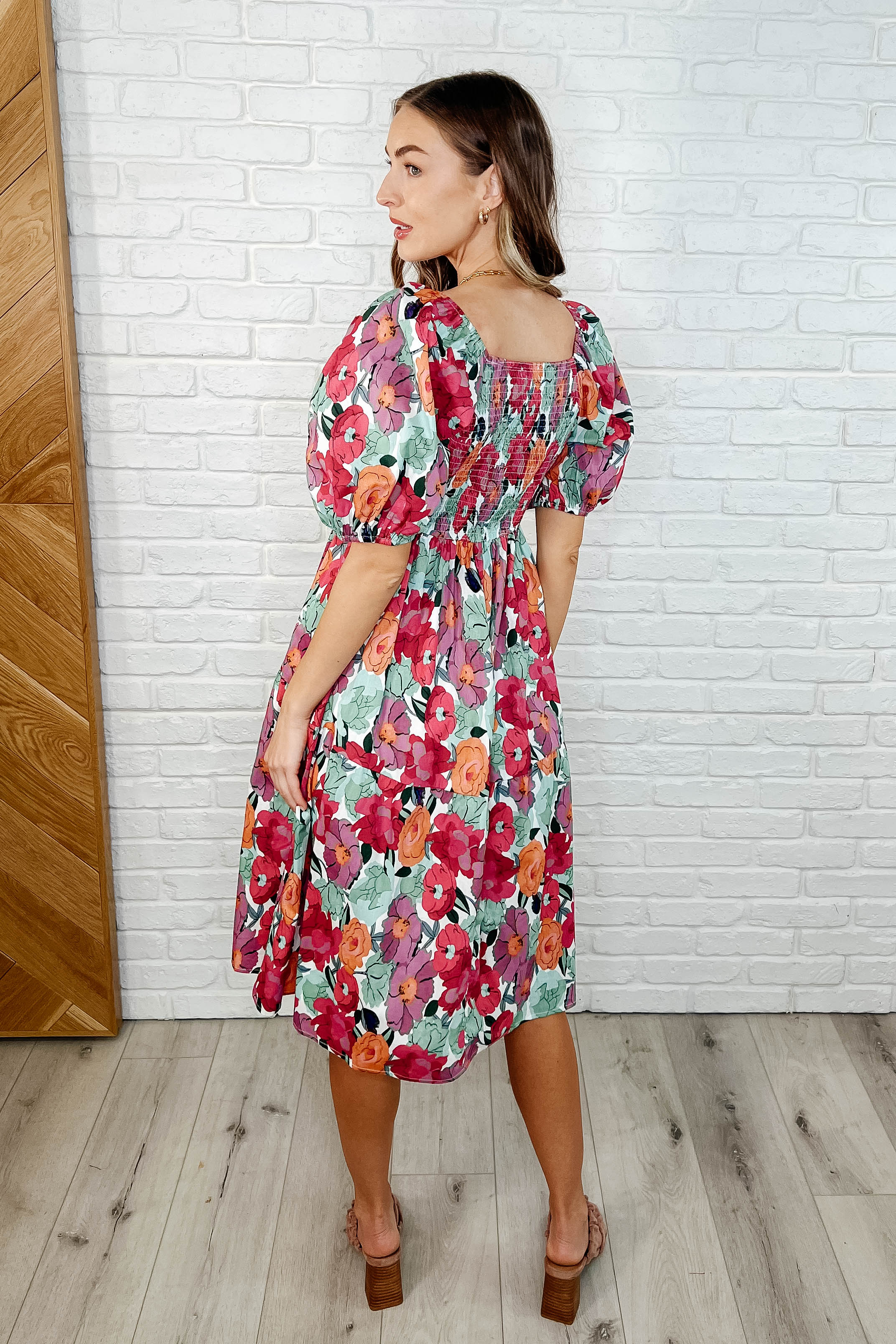 Dewdrop Blooms Puff Sleeve Floral Dress for Women | Summer Garden Party & Wedding Guest Outfit | Elegant A-Line Midi Dress with Ruffles
