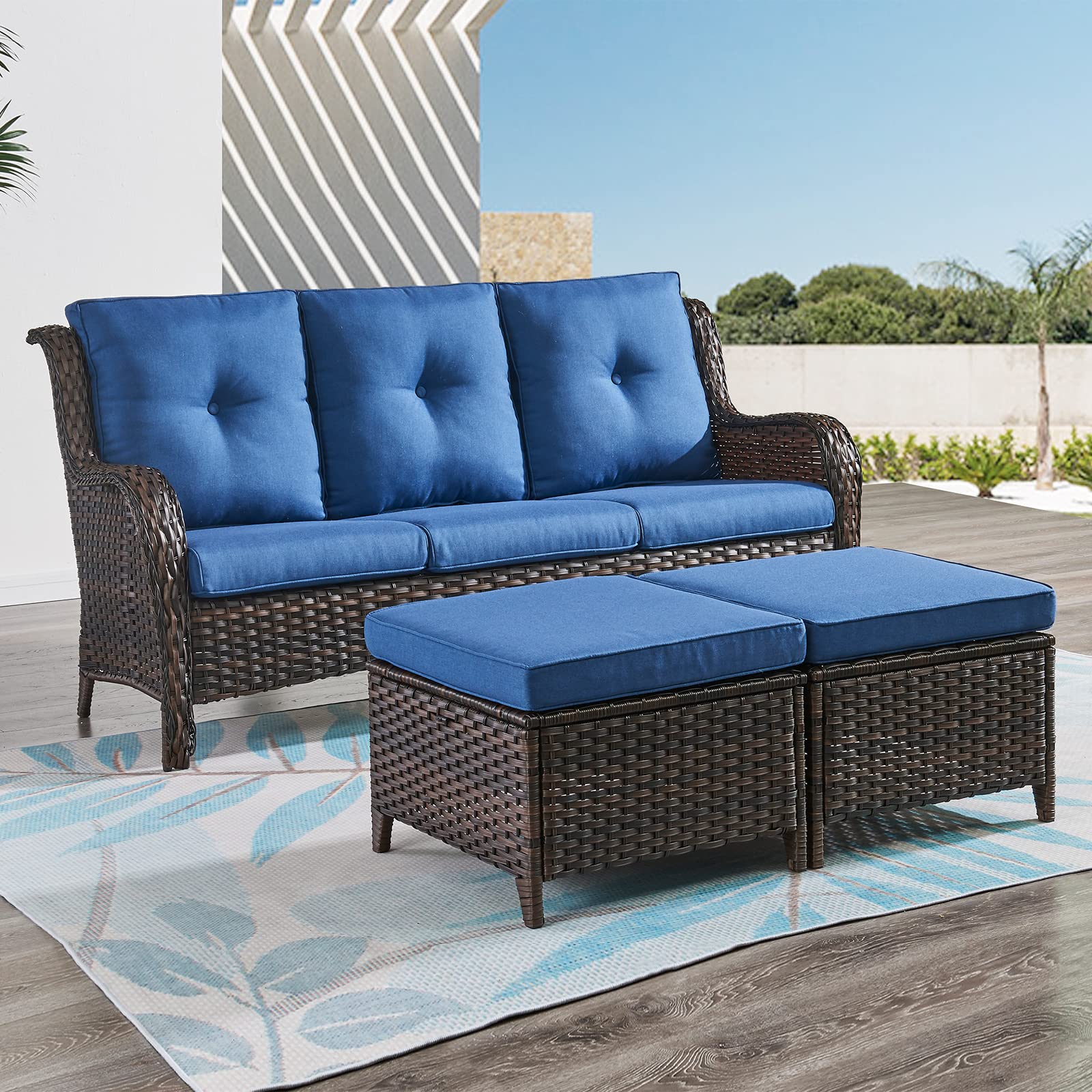 2-Piece Outdoor Wicker Ottoman Set with Thick Cushions - Brown/Blue Rattan Footrest Footstools for Patio, Garden & Poolside Relaxation