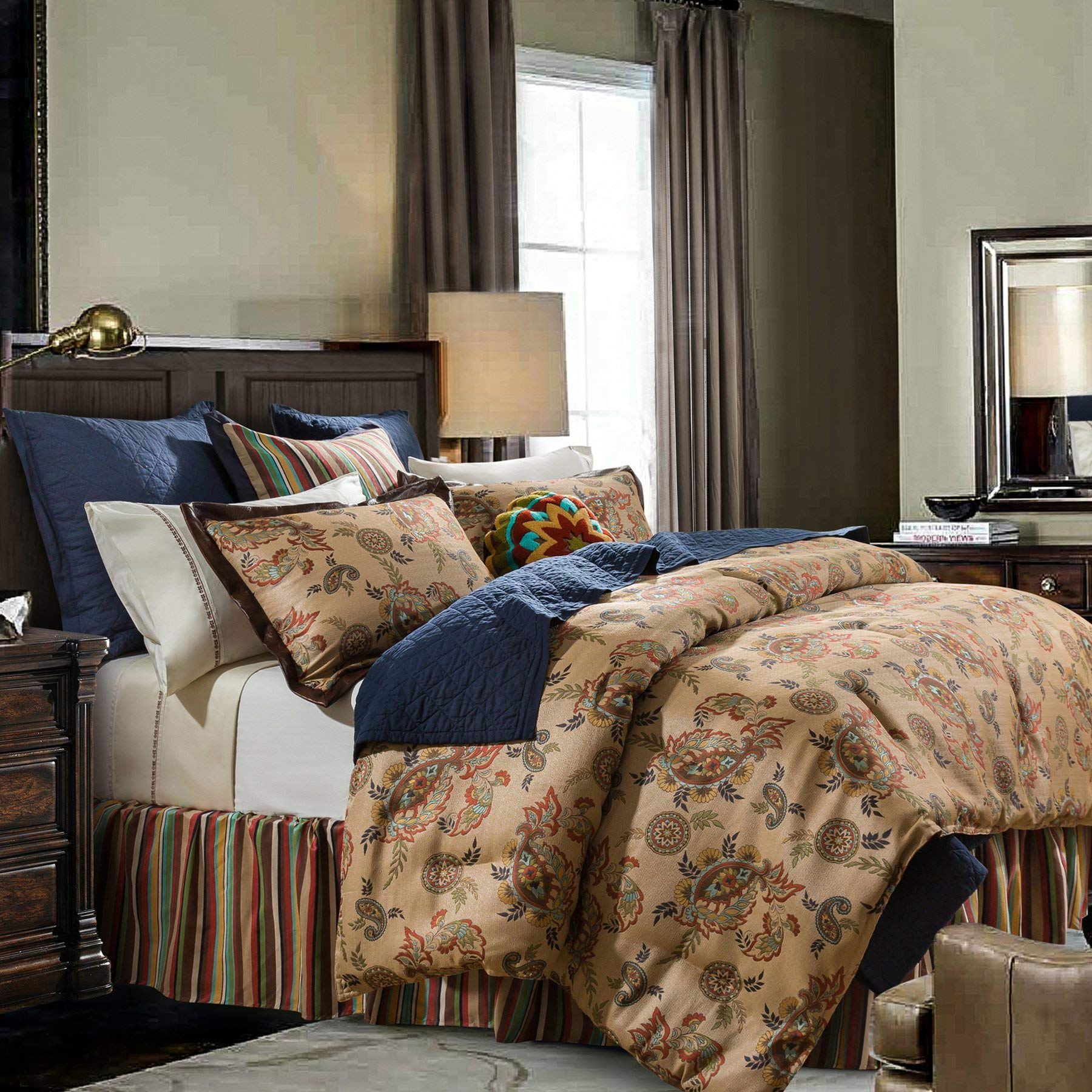 HiEnd Accents Tammy Western 3-Piece Super Queen Comforter Set - Tan, Yellow, Blue, Red Cotton Blend Paisley Pattern Rustic Bedding with Floral Design & Pillow Shams | Western Theme Bedroom Decor for Ranch, Cabin or Southwestern Style Homes