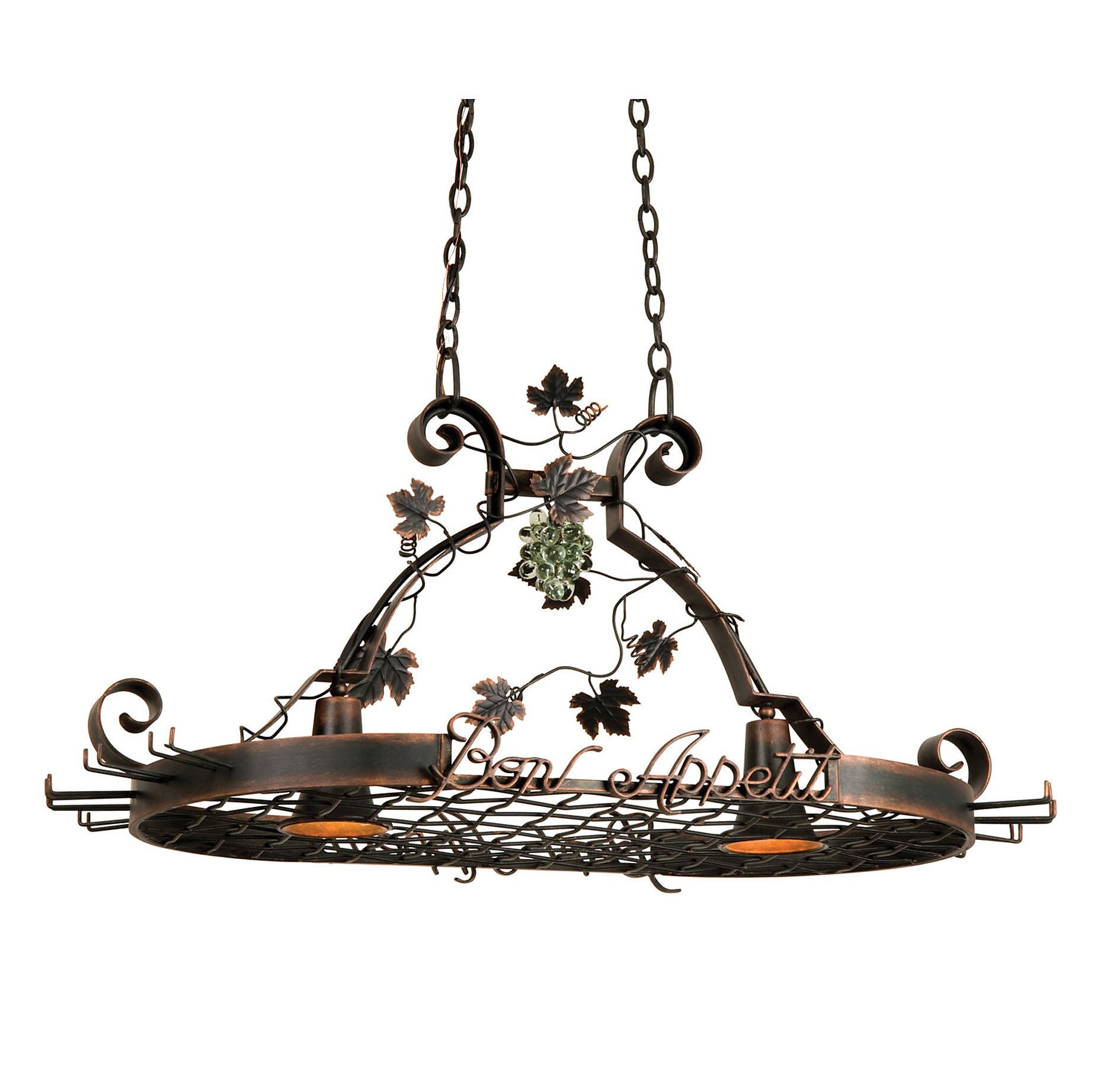 Kalco Lighting Bon Appetit Collection Copper Finish 2-Light Pot Rack with Leaf, Flower & Fruit Design - 21 Inch Kitchen Island Pendant Light for Dining Room & Farmhouse Decor