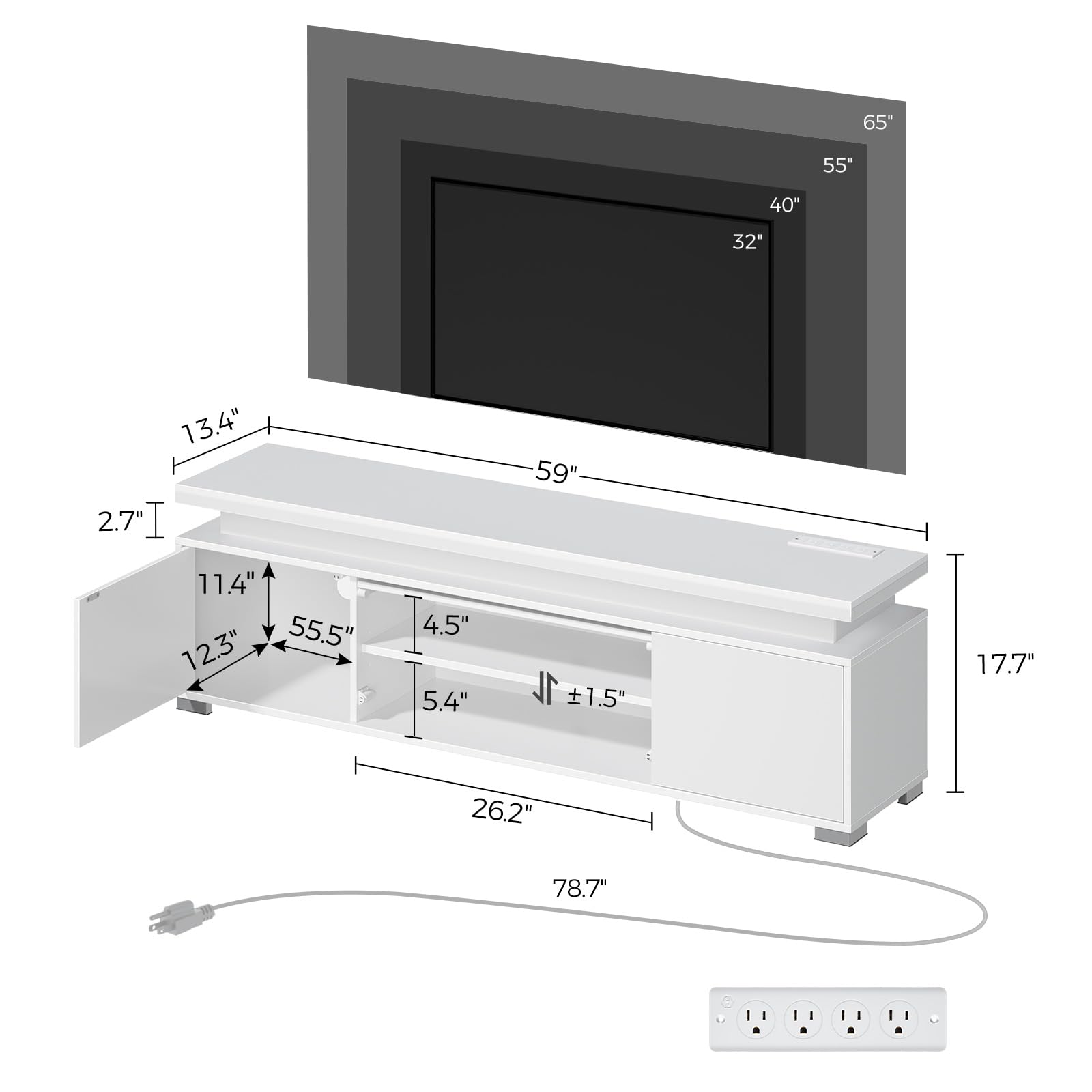Rolanstar Modern TV Stand with LED Lights & Power Outlet - Universal Entertainment Center for 32-65 Inch TVs, Gaming Media Storage Cabinet with Large Storage Space - Perfect for Living Room, Bedroom & Home Theater (White)