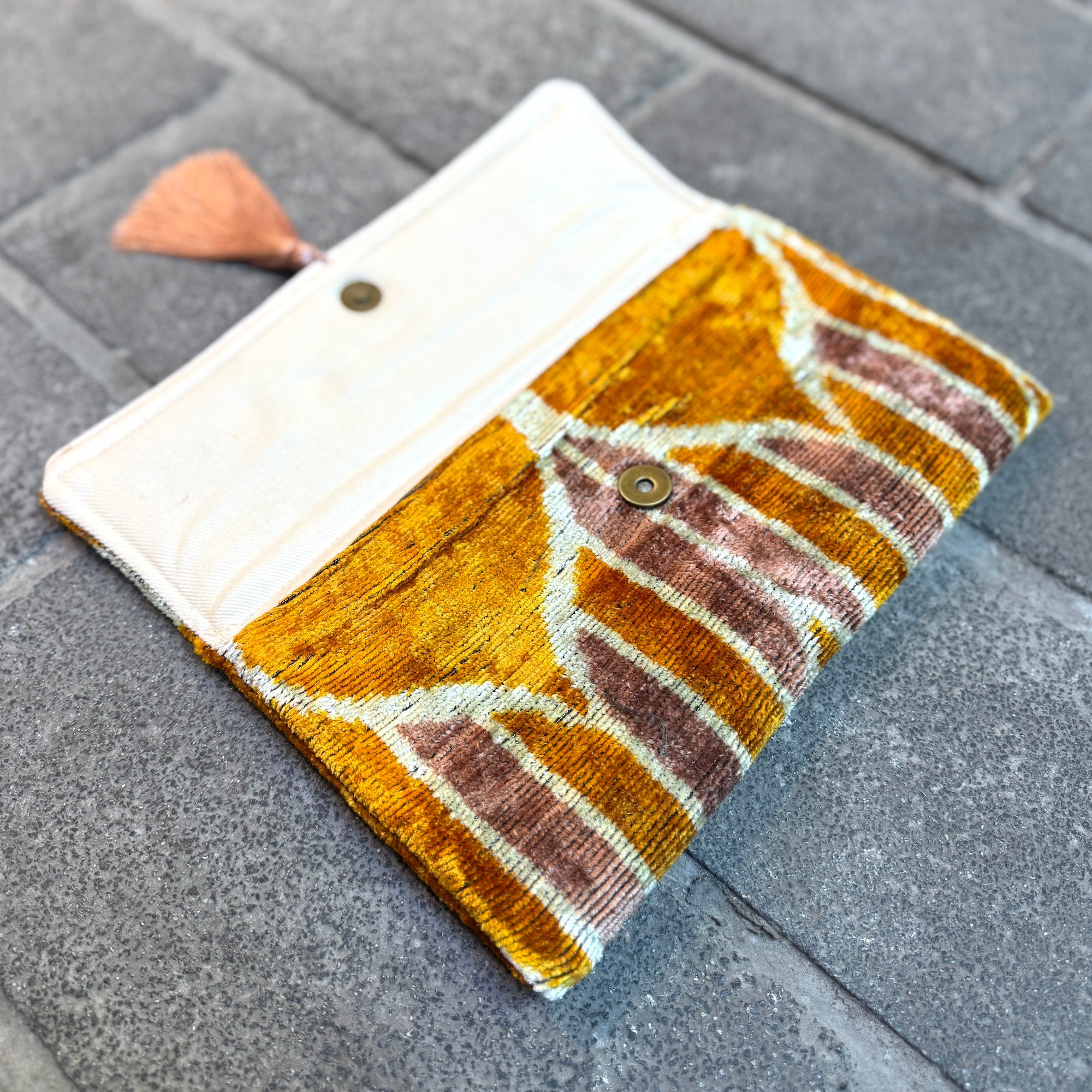 Elegant Ikat Clutch Bag for Women - Handmade Boho Evening Purse with Tassel - Perfect for Parties, Weddings & Date Nights