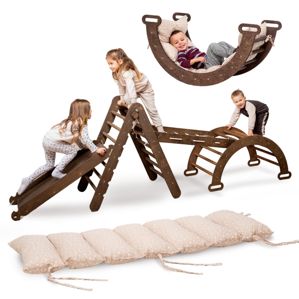 Montessori Climbing Set 4-in-1 for Kids - Wooden Climbing Triangle, Ramp, Arch & Ladder with Soft Choco Pillow | Indoor Play Equipment for Toddler Development & Home Gym