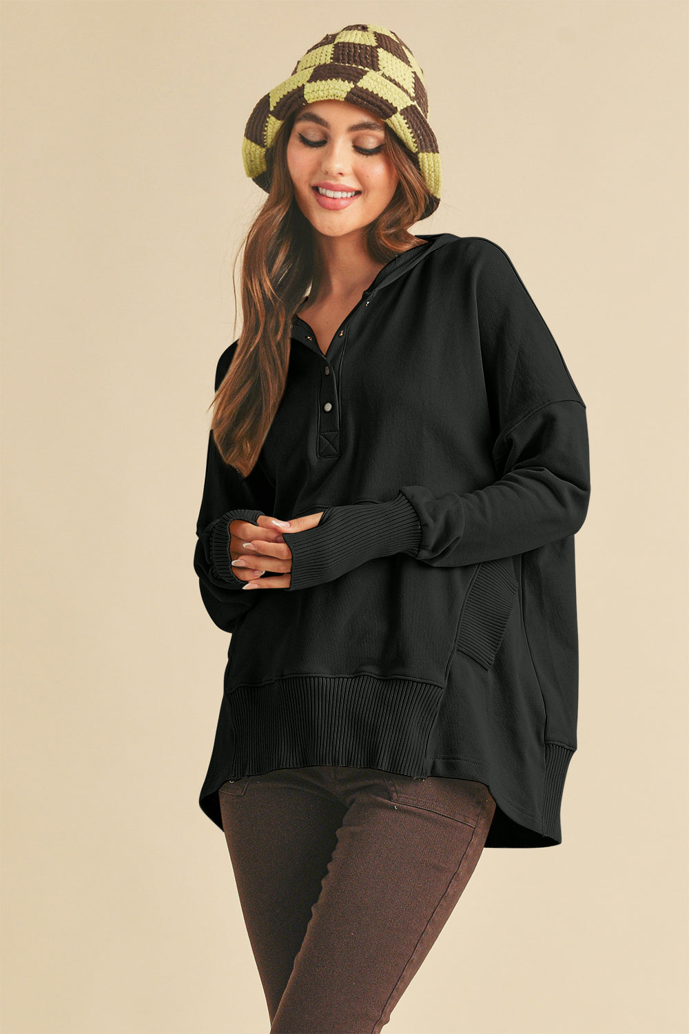 Aemi+Co Women's Half Snap Dropped Shoulder Hoodie - Oversized Pullover Sweatshirt for Casual Wear & Street Style Fashion