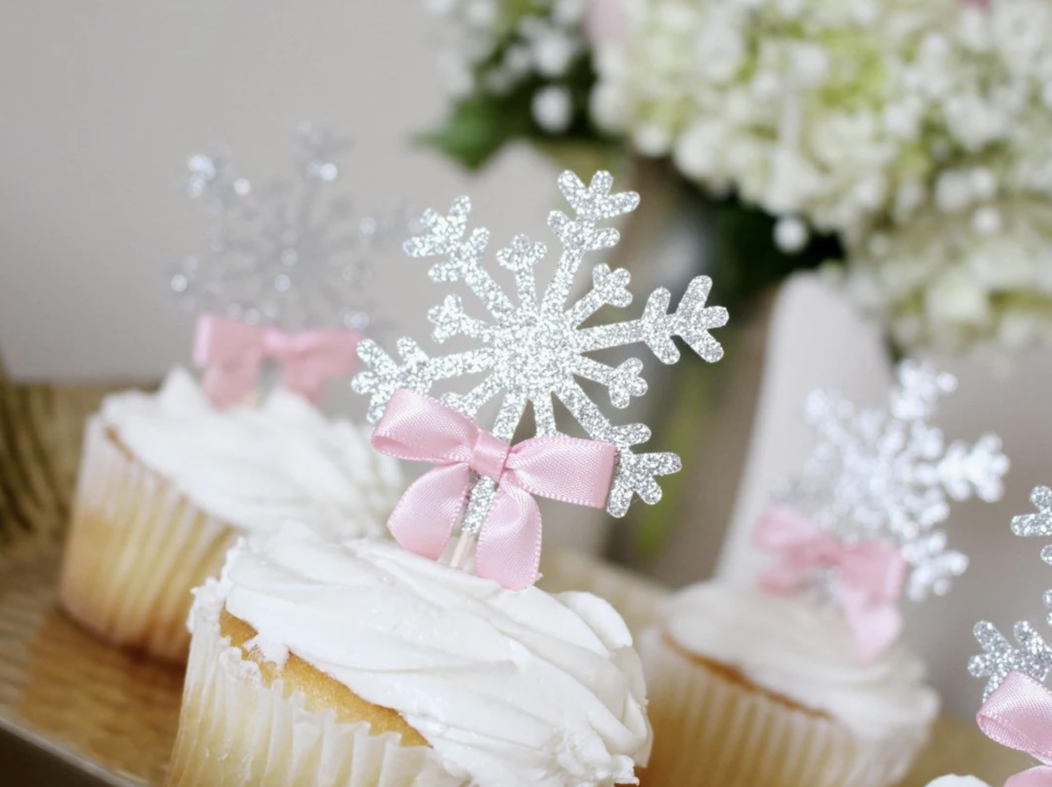 Snowflake Cupcake Toppers with Satin Ribbon Bow – Frozen Winter Wonderland Christmas Cupcake Decorations – Set of 12 for Cupcakes, Donuts & Cakes (Pink Bow) – Perfect for Birthday Parties, Baby Showers & Holiday Celebrations