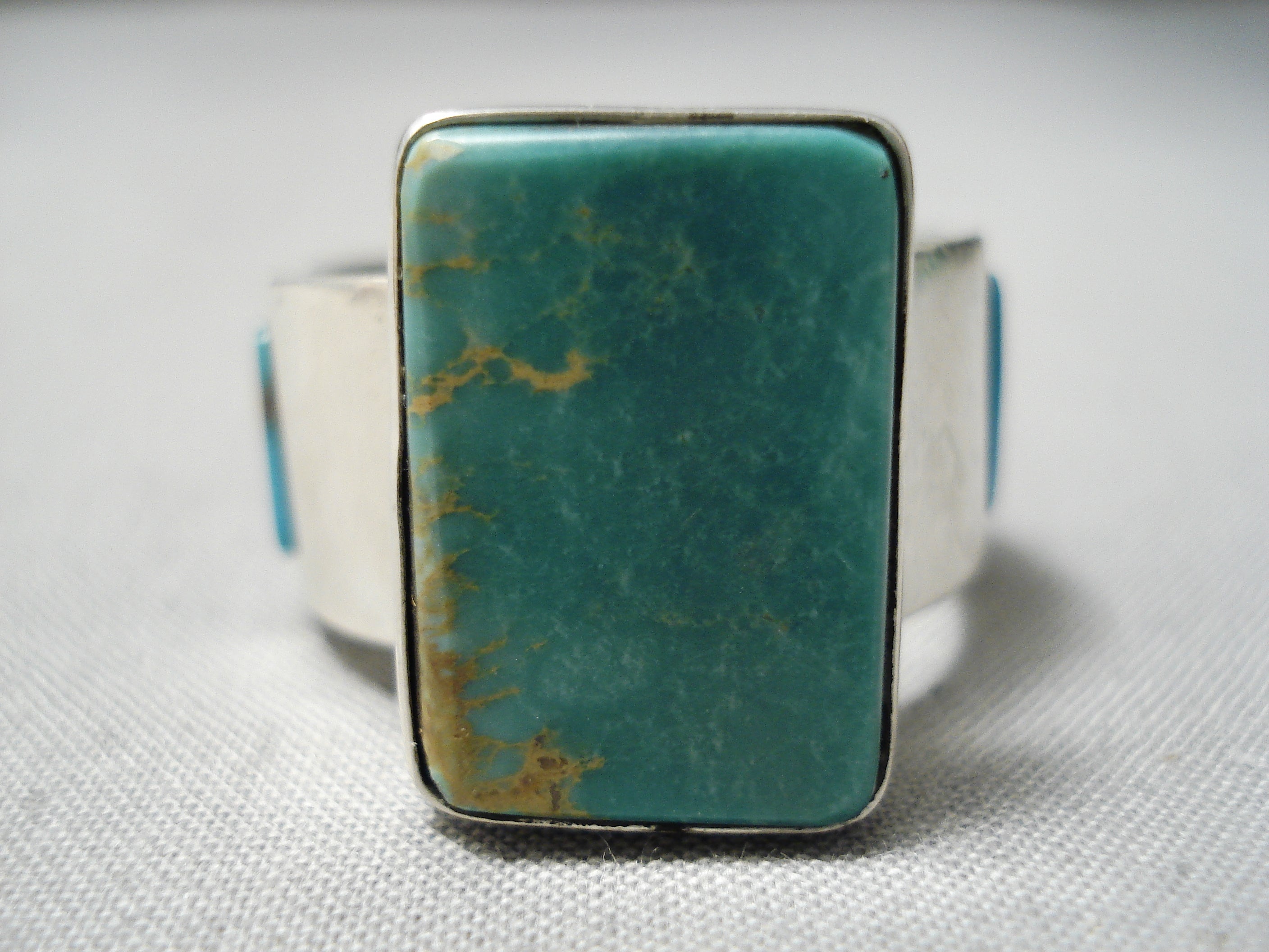 Amazing Vintage Native American Navajo Squared Green Turquoise Sterling Silver Inlay Ring