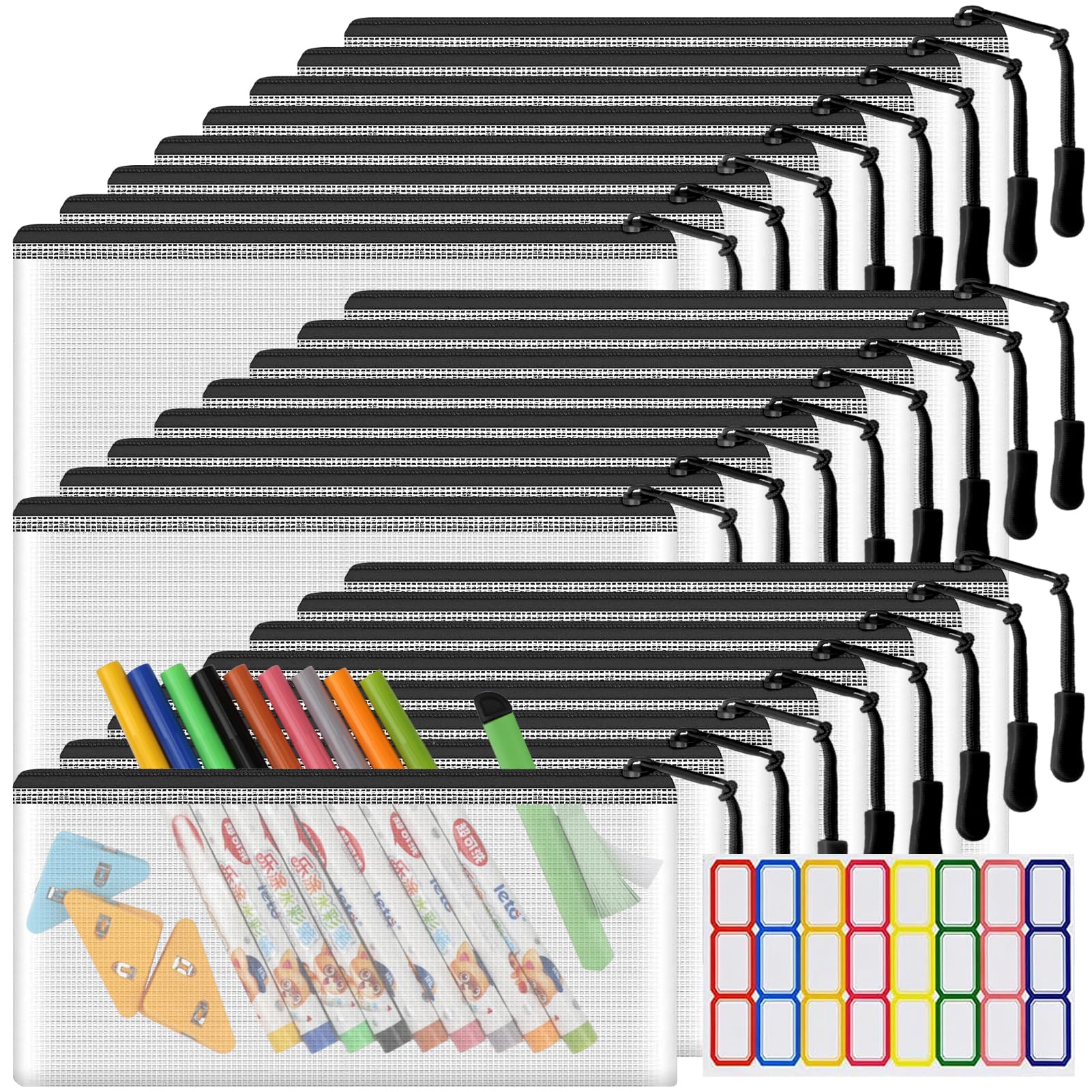 24 Pack Black Mesh Zipper Pouch Bags - 9.2 x 4.7 Inch Clear Pencil Pouches Bulk for School, Office & Travel Storage - Durable Zipper Pencil Bags for Organizing Stationery, Makeup & Small Essentials