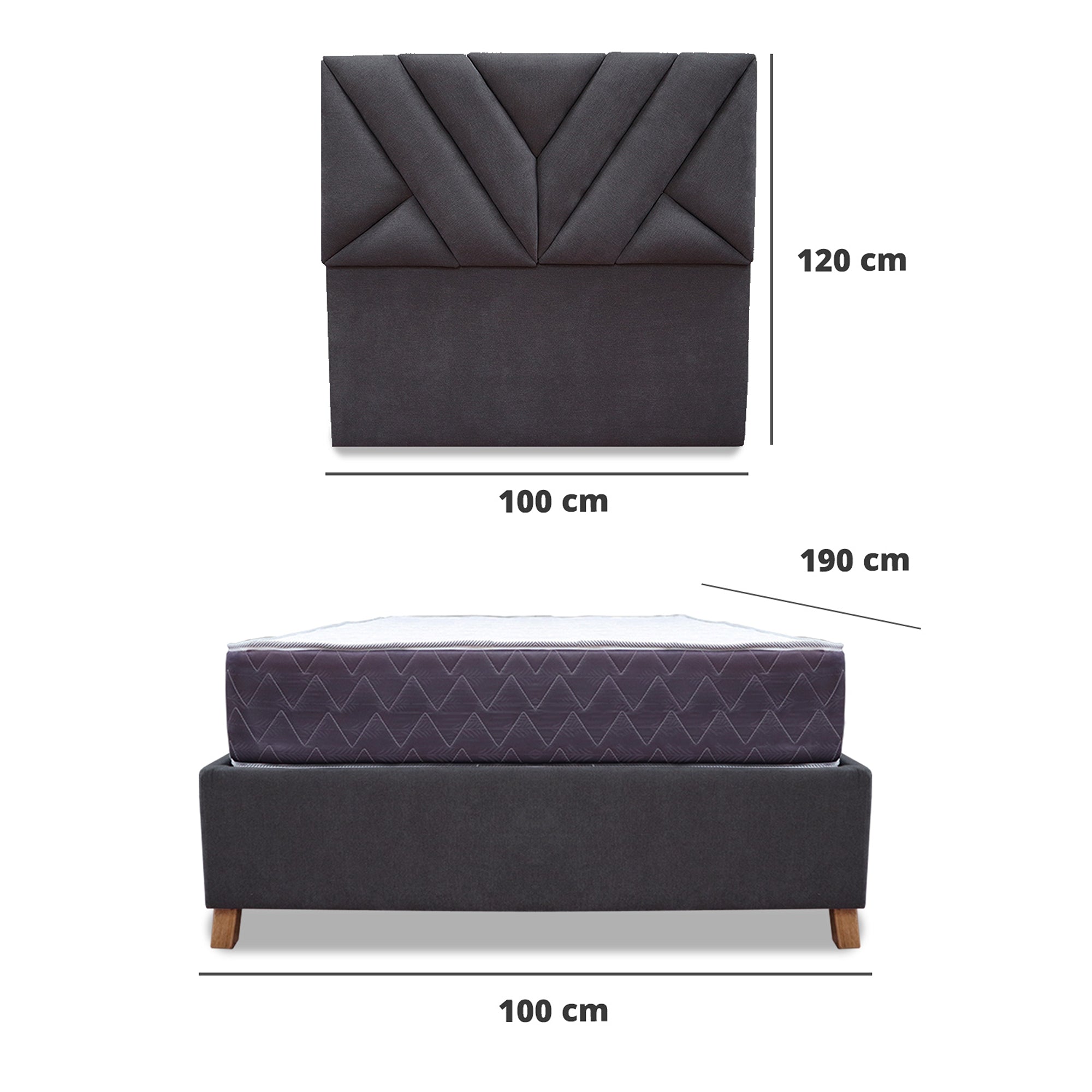 **Dark Gray & Ash White Combo Bed Base and Mattress Set - Single Size 100 x 190 cm with Headboard - Perfect for Small Bedrooms & Guest Rooms**
