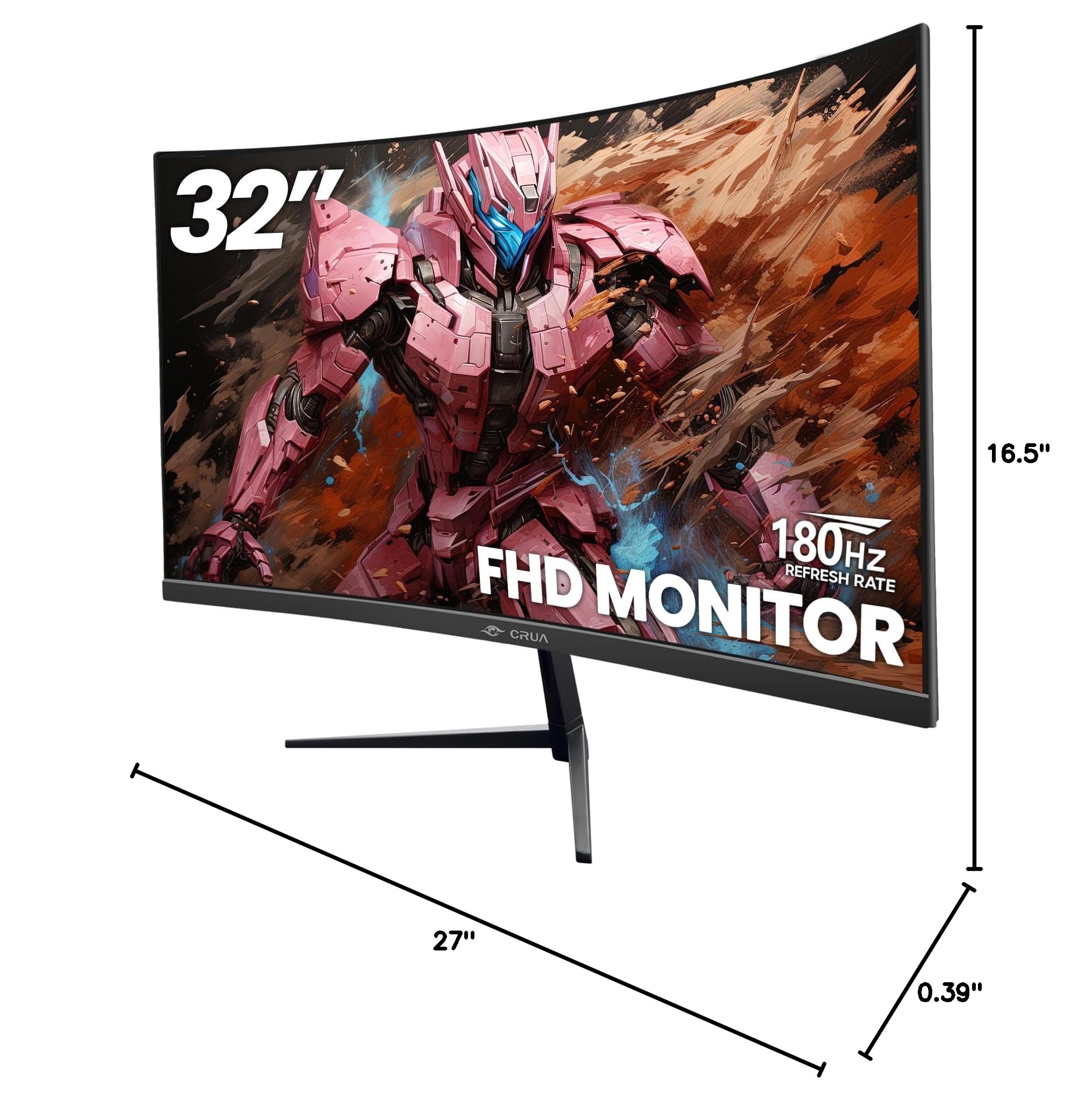 CRUA 32 Inch Curved Gaming Monitor - FHD 1920x1080P, 144Hz/180Hz, 1800R VA Panel, 120% sRGB, AMD FreeSync, HDMI & DP Ports, VESA Mountable - Black | Perfect for Esports, PC Gaming & Home Office Setup