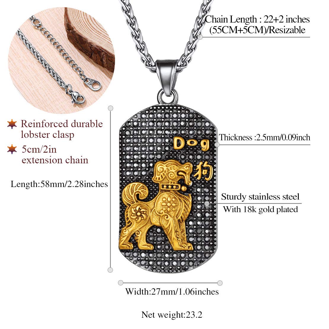 FindChic Men's Stainless Steel Dog Tag Necklace - 18K Gold Plated Chinese Zodiac Sign Pendant with Kanji Customization | Personalized Birthday Gift for Him | Perfect for Anniversary, Valentine's Day & Everyday Wear