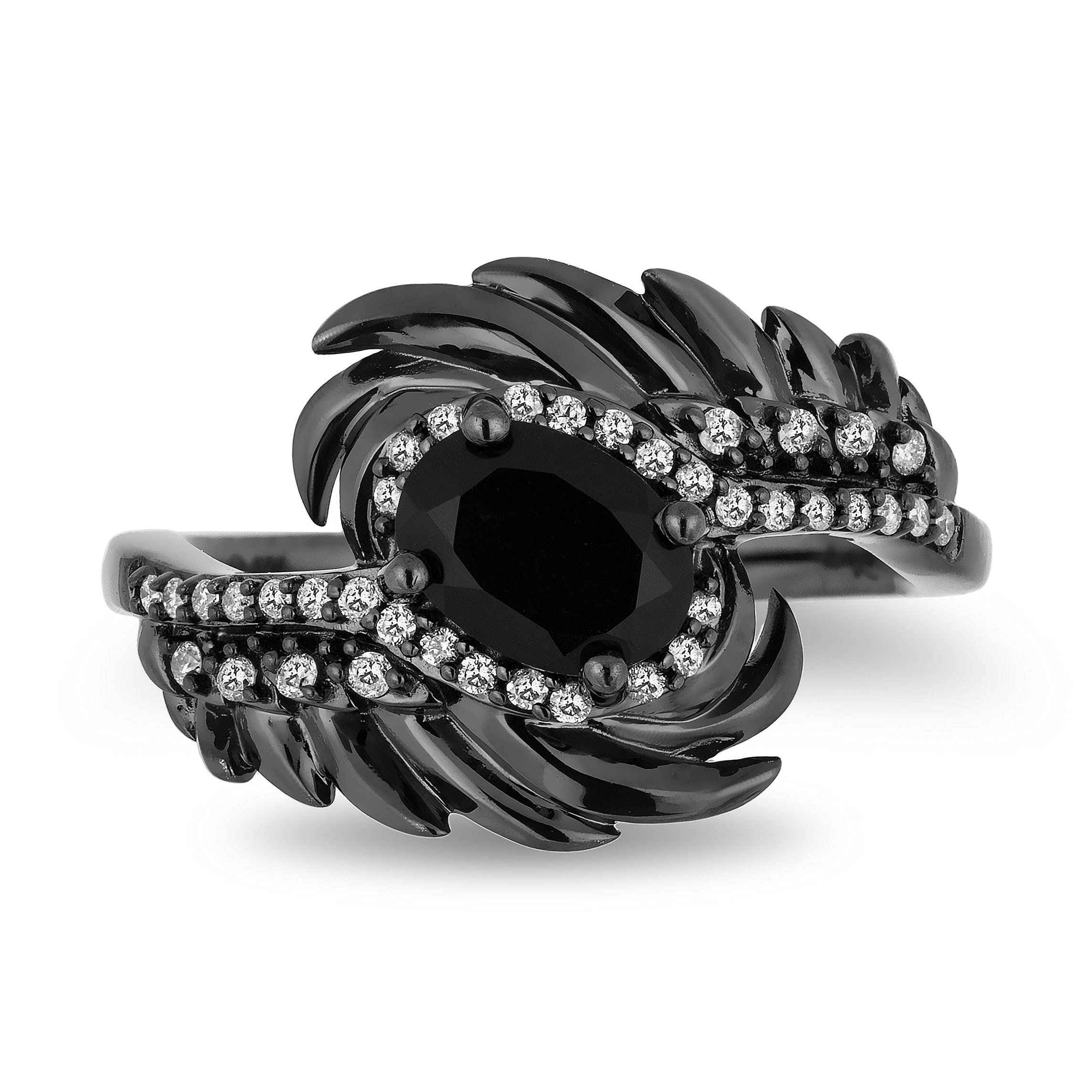 Enchanted Disney Maleficent Wings Ring - Sterling Silver with Black Rhodium, 1/6 Cttw Diamond & Onyx | Disney Jewelry for Women, Gifts for Disney Fans, Cosplay & Halloween Costume Accessories