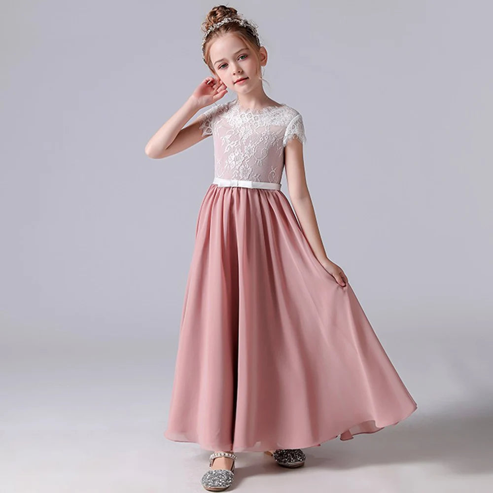 Lace Chiffon Junior Bridesmaid Dress with Short Sleeves - Girls Party Gown for Weddings, Prom, Formal Events & Special Occasions