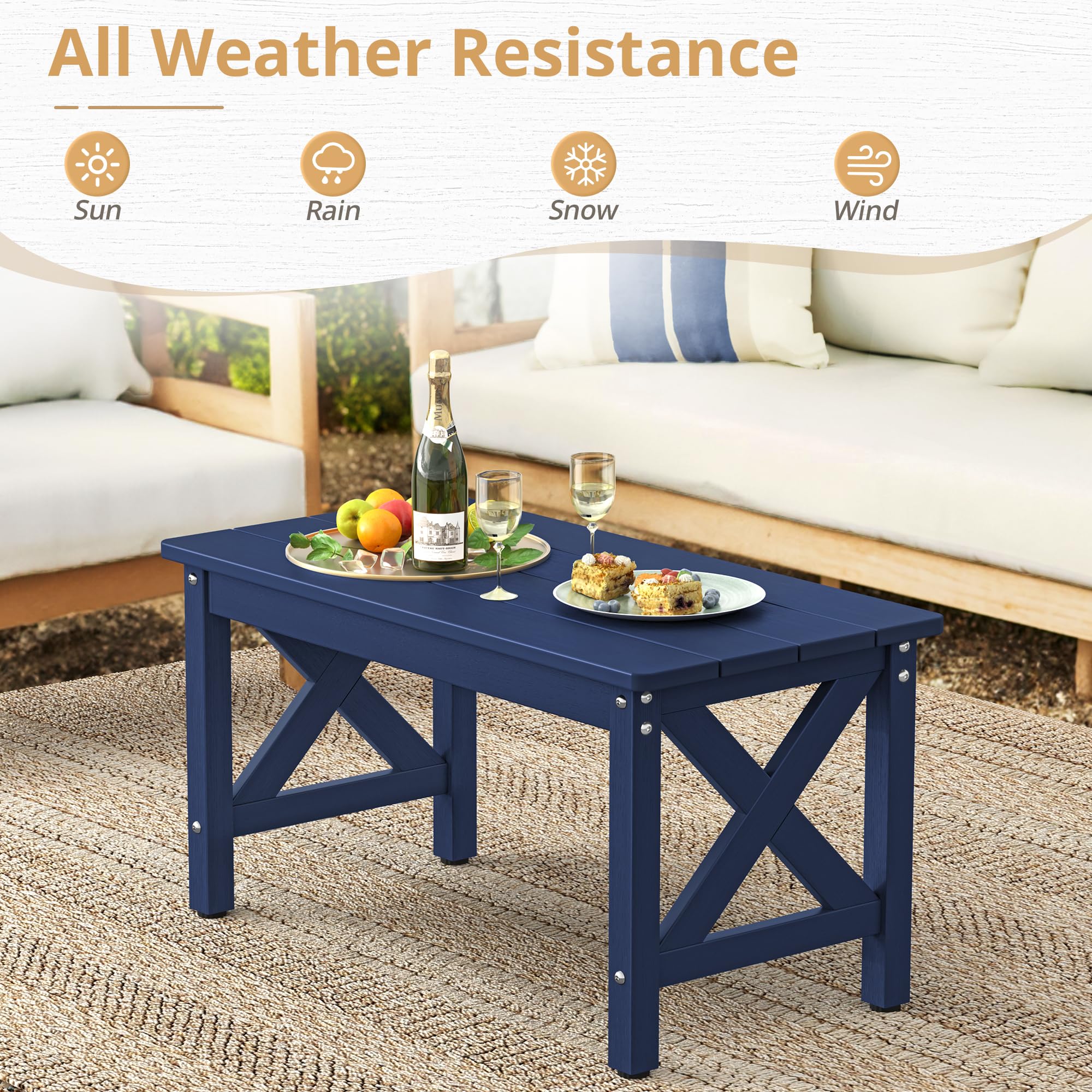 LUE BONA All-Weather Rectangle Outdoor Coffee Table for Patio, Deck, Porch & Lawn - Navy Blue | Durable HDPS Material | Perfect for Backyard Relaxation, Poolside Lounging & Outdoor Entertaining