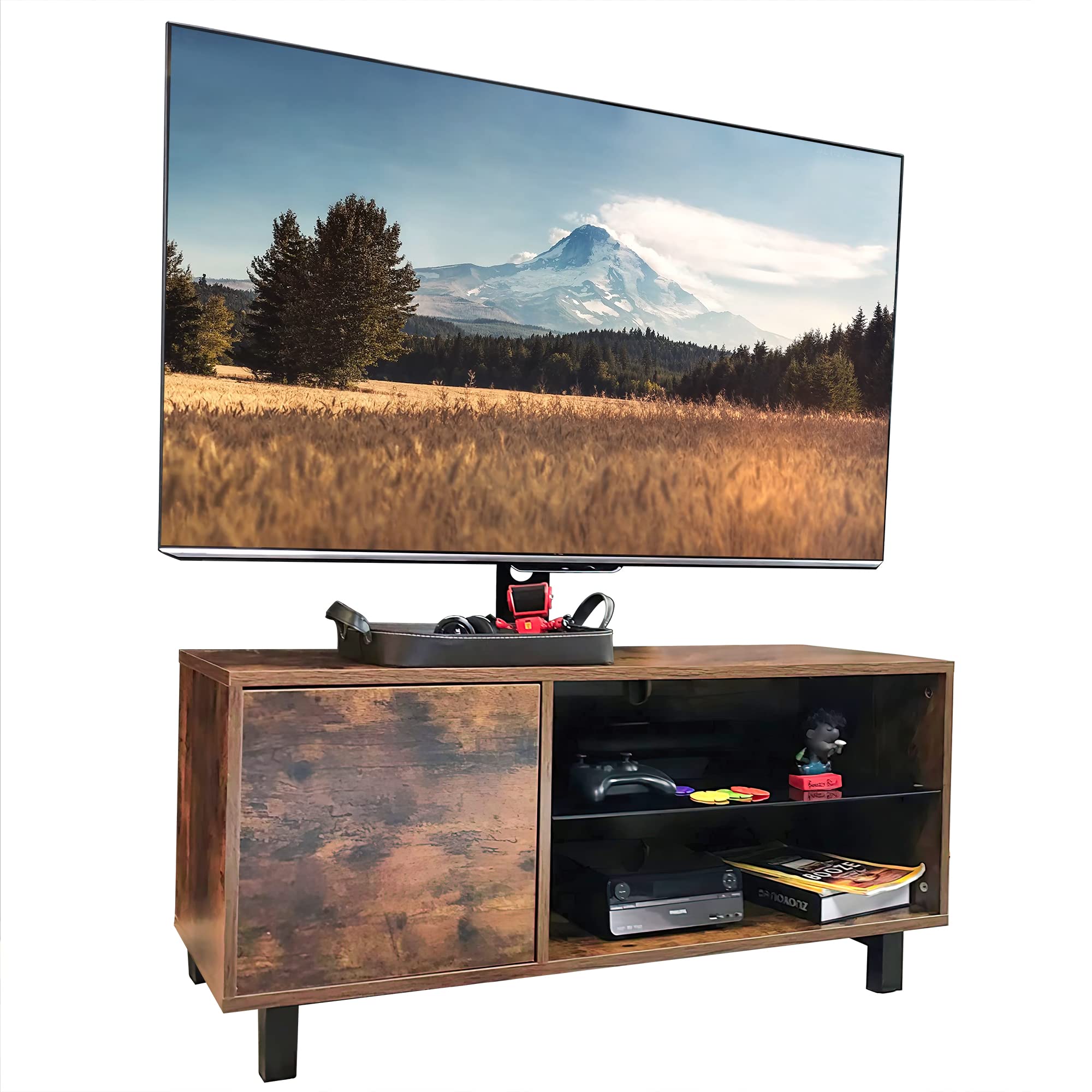 Rustic Brown Wooden TV Stand for 50-65 Inch TVs - Heavy Duty Metal Frame, Adjustable Height, Swivel Base & Tempered Glass - Universal Entertainment Center Holds Up to 110 lbs - Perfect for Living Room, Bedroom & Home Theater Setup