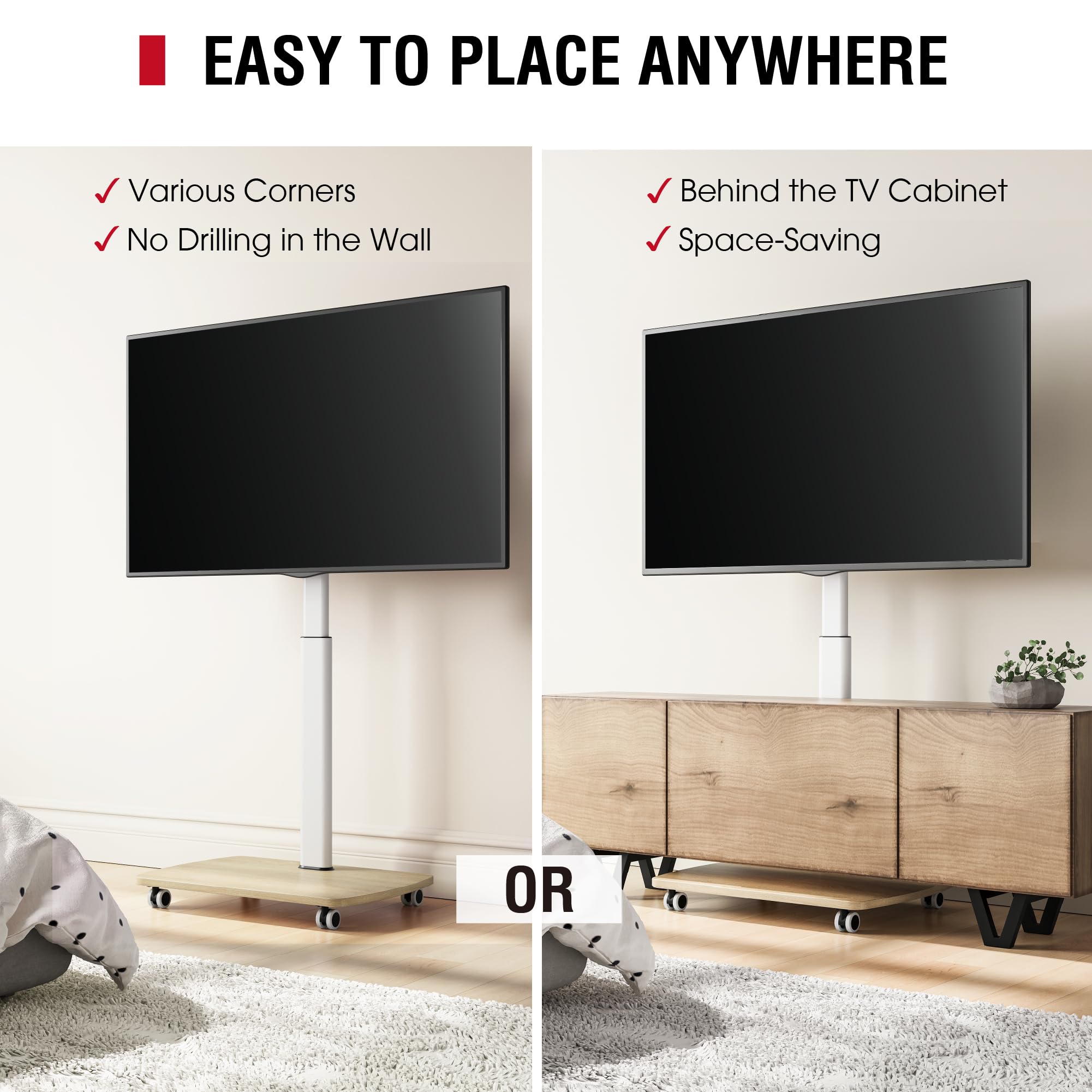 Portable Rolling TV Stand with Wheels for 43-75 Inch TVs - 10-Level Height Adjustable, 12° Tilt & 50° Swivel - Heavy Duty Mobile TV Floor Stand with Castors Holds up to 110 lbs (White) - Perfect for Living Rooms, Bedrooms, Outdoor Patios & Commercial Spaces
