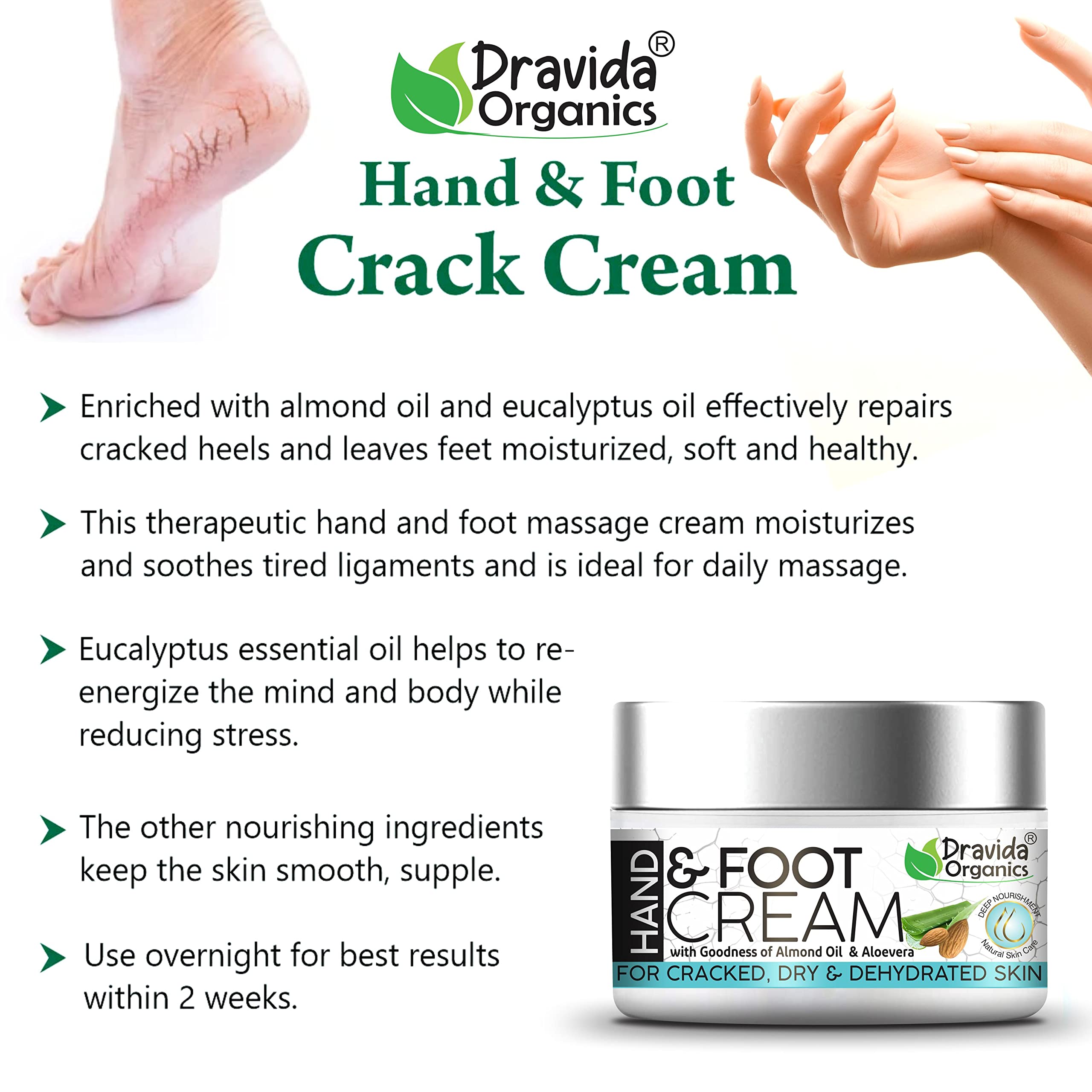 Dravida Organics Hand & Foot Crack Cream for Cracked, Dry & Dehydrated Skin – 50g Moisturizing Treatment for Heels, Elbows & Rough Skin – Perfect for Winter Care & Daily Hydration