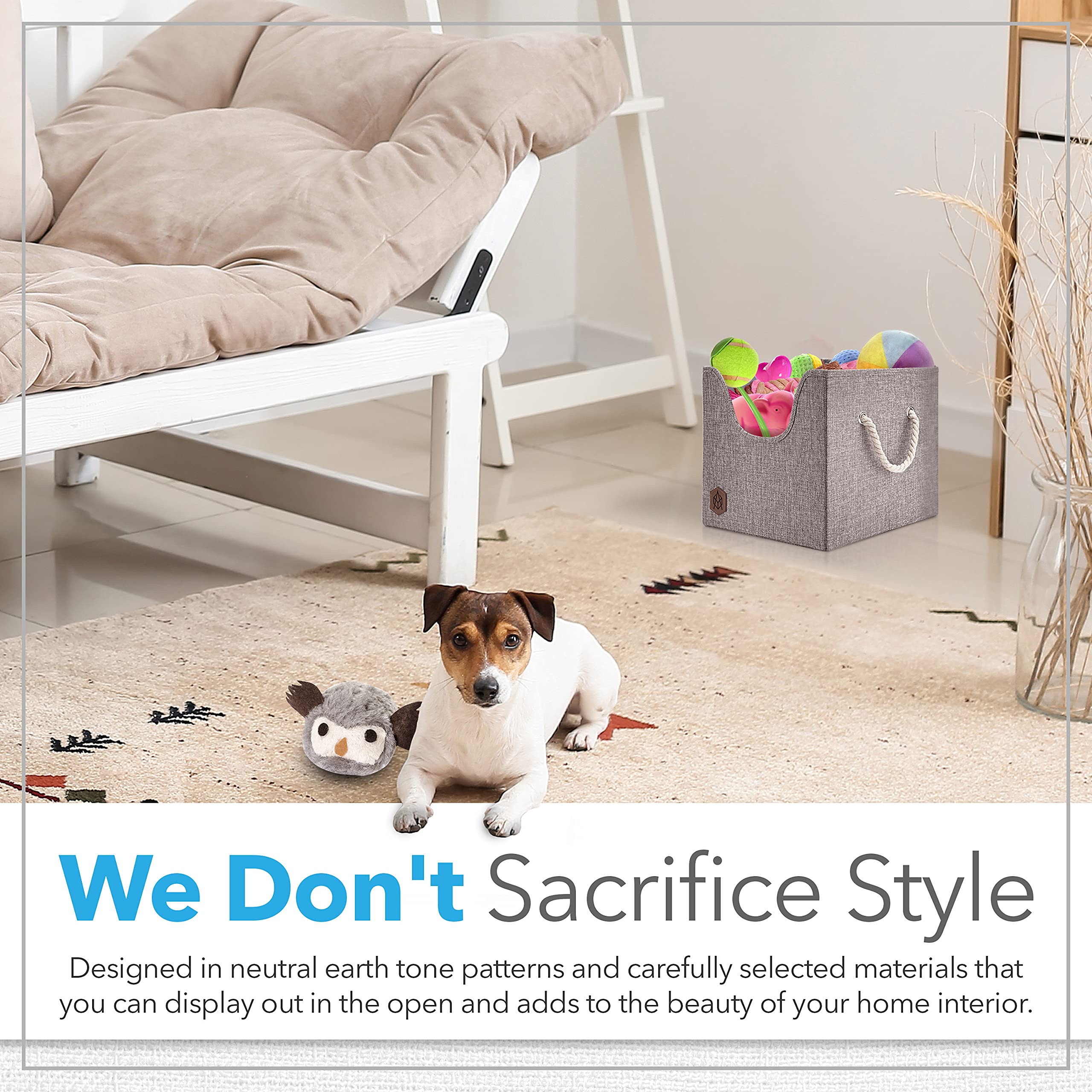 Durable Foldable Dog Toy Storage Box with Cutout Window & Cardboard Base - Puppy Toy Organizer Basket in Stylish Earth Tone (12x12x11.25 Inch) | Perfect for Living Room, Bedroom or Pet Play Area Organization
