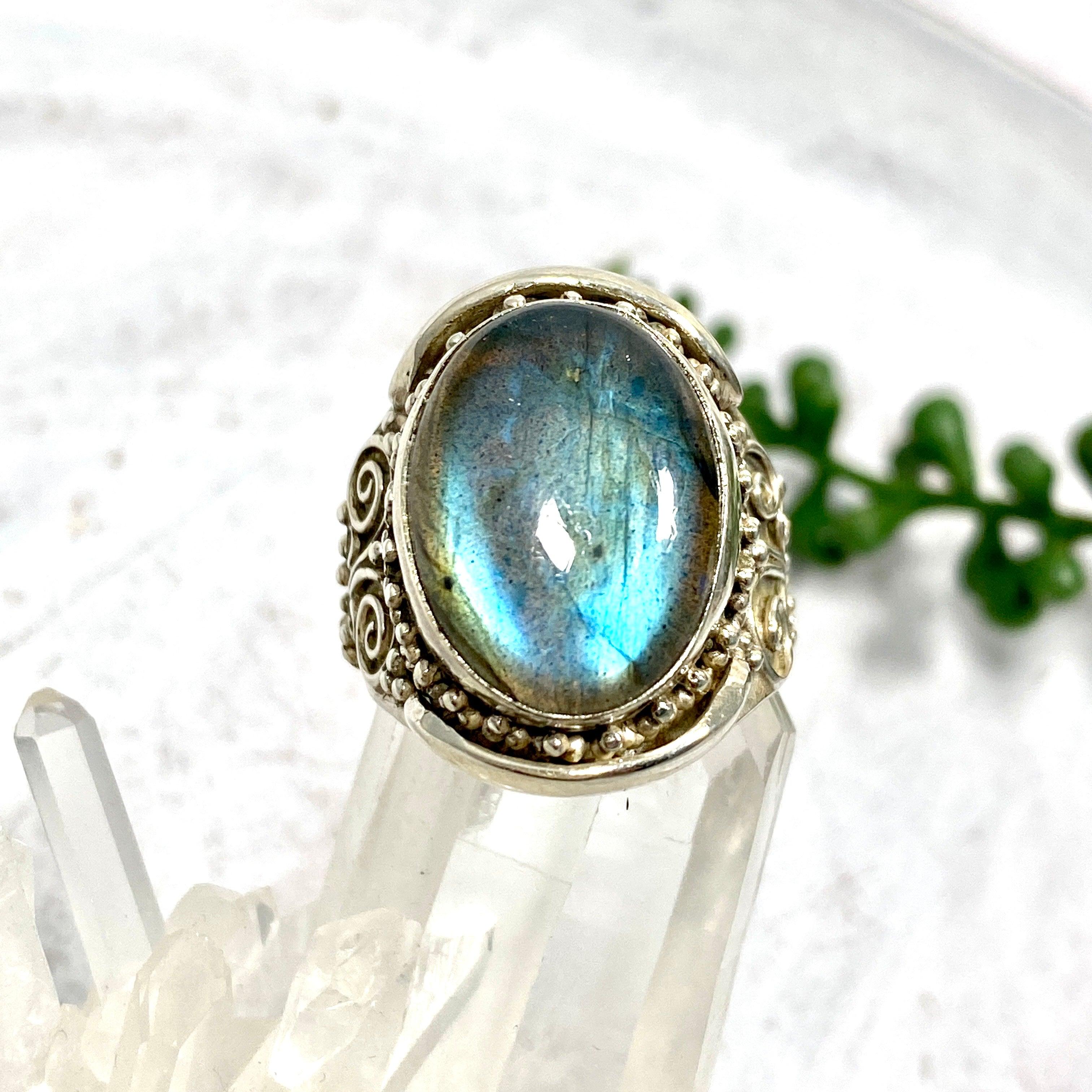 Boho Style Labradorite Oval Ring - Size 11 - Handmade Sterling Silver Jewelry - KRGJ2771 | Perfect for Festival, Wedding & Everyday Boho Fashion