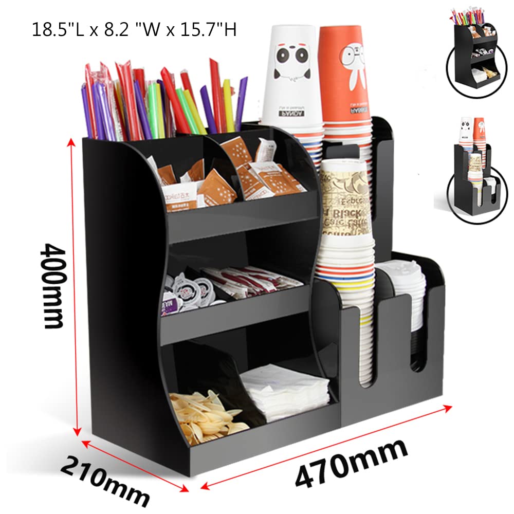2-Piece Coffee Condiment Organizer Set with 4-Column Cup & Lid Holder - Professional Coffee Station Organizer for Countertops - Includes 8 Bonus Coffee Accessories - Perfect for Home Kitchens & Coffee Shops