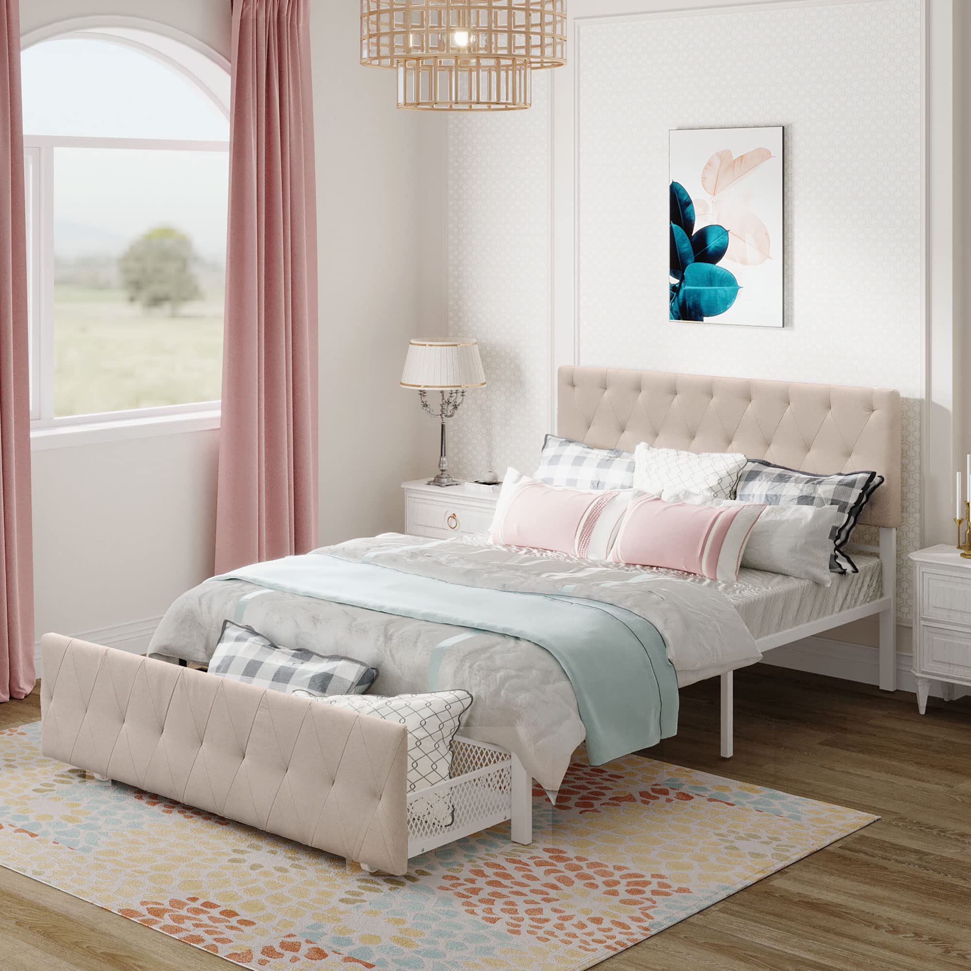 P PURLOVE Full Metal Platform Bed Frame with Storage Drawer & Upholstered Headboard - No Box Spring Needed, Easy Assembly, Beige - Perfect for Small Bedrooms, Guest Rooms & Modern Apartments