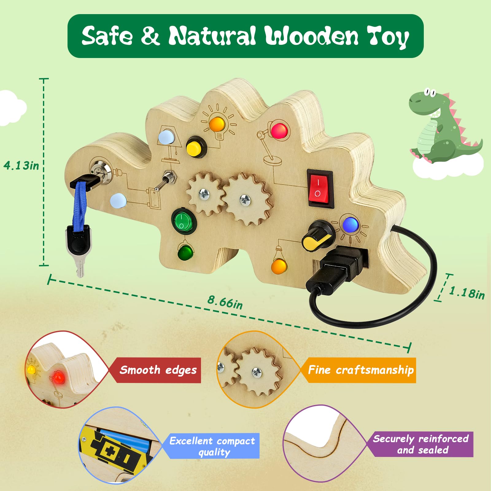 Montessori Busy Board for Toddlers 1-3 - Wooden LED Dinosaur Sensory Toy | Perfect Gift for Boys & Girls