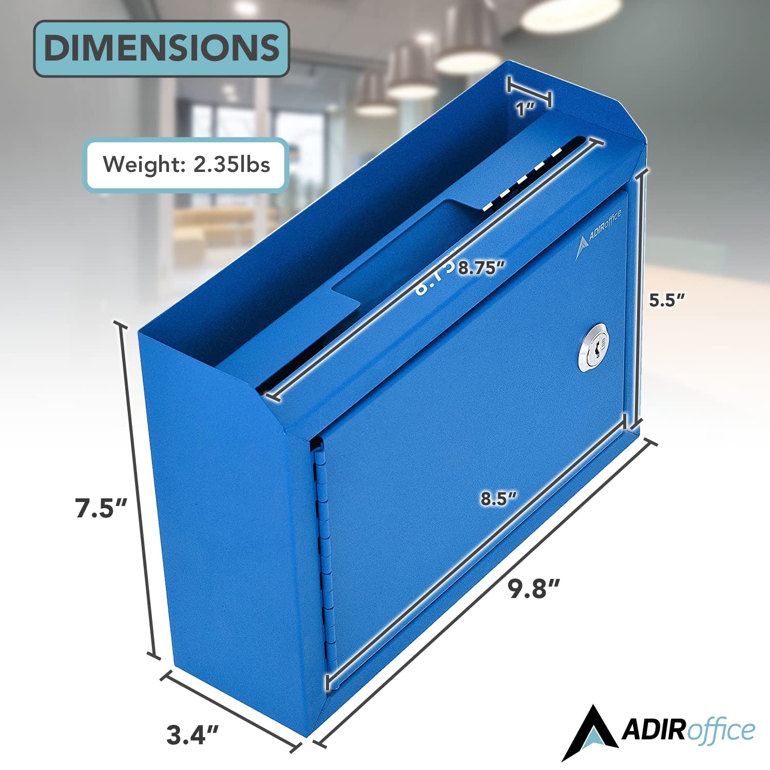 Adir Corp Locking Suggestion Box with Slot - 9.8x7.5x3.4 Inch Wall Mount Metal Deposit Box for Cash, Donations & Feedback - Secure Drop Box for Offices, Retail Stores & Public Spaces (Blue)
