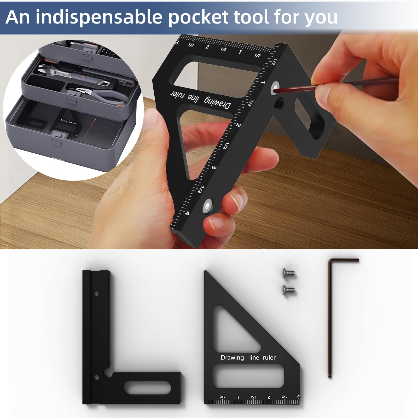 HFM 3D Multi-Angle Woodworking Square Ruler - 45/90 Degree Aluminum Alloy Protractor - High Precision Measuring Tool for Engineers & Carpenters (Black) - Perfect for Woodworking, DIY Projects & Construction Layouts