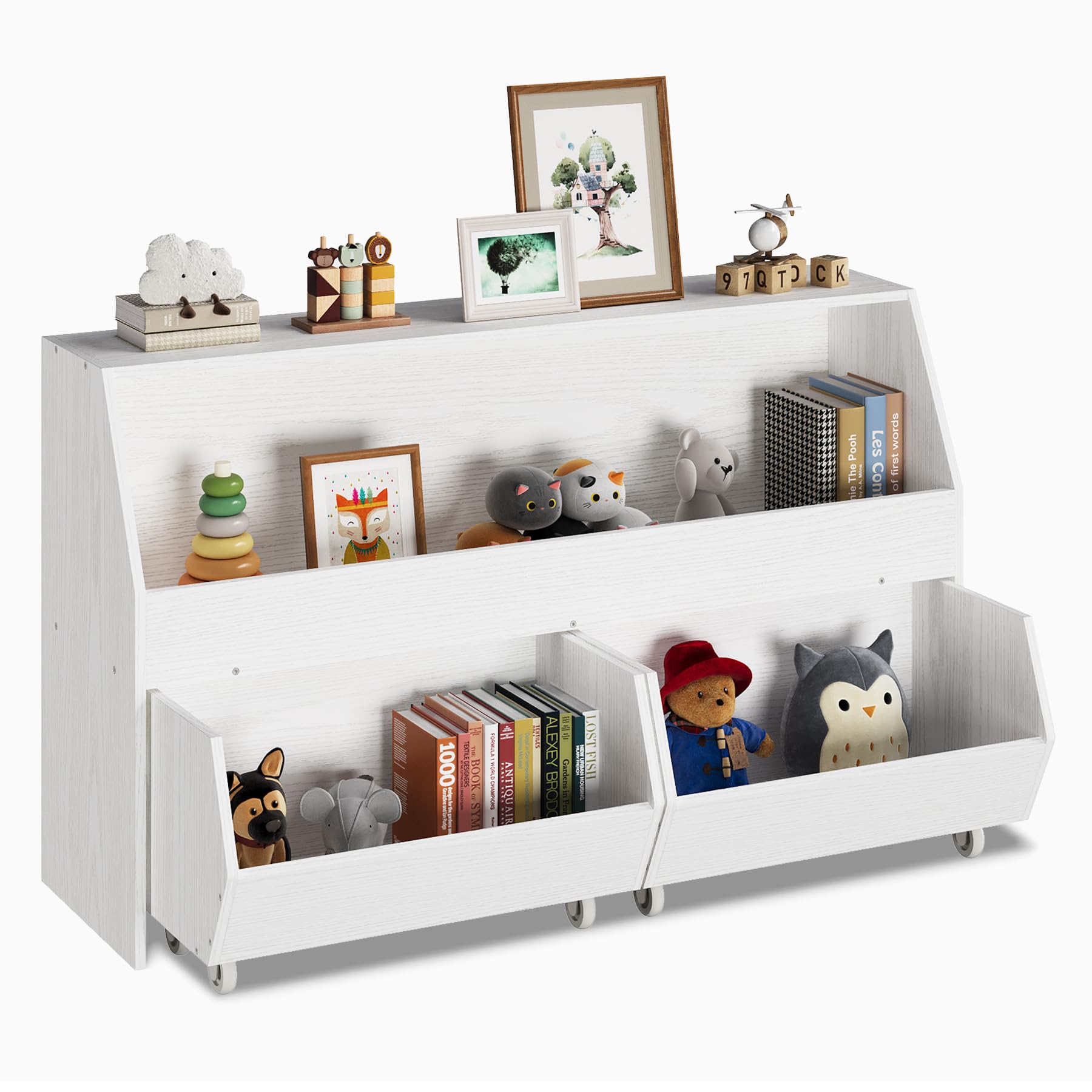 Kids Bookshelf Toy Storage Organizer - Multi-Functional Bookcase with Moveable Drawers for Boys & Girls - Toddler Storage Cabinet in Oak Finish - Perfect for Bedroom, Playroom & Nursery Organization