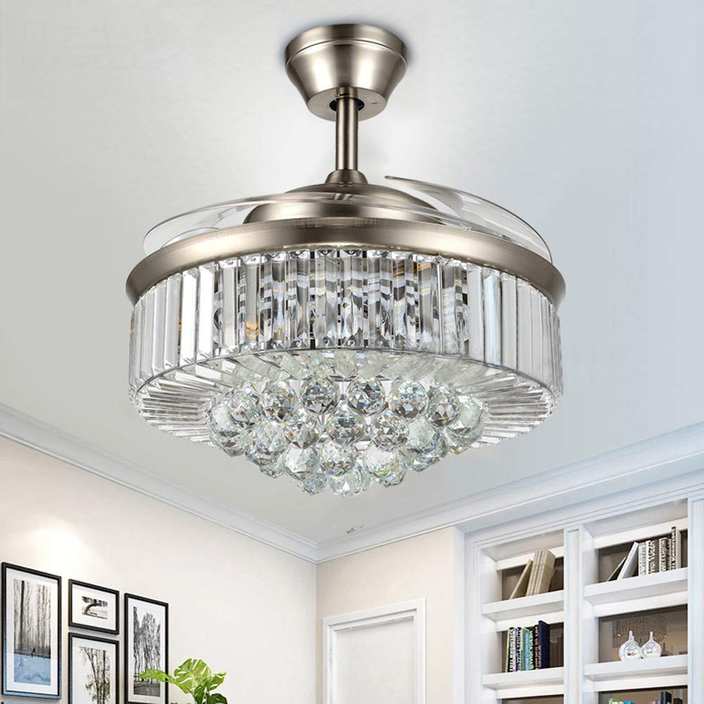 36 Inch Invisible Ceiling Fan with Remote Control - 6 Speed Adjustable Retractable Blades & Color Changing LED Lights - Modern Chandelier Style for Bedroom, Living Room & Indoor Spaces (Chrome-03) - Perfect for Home Cooling and Ambient Lighting