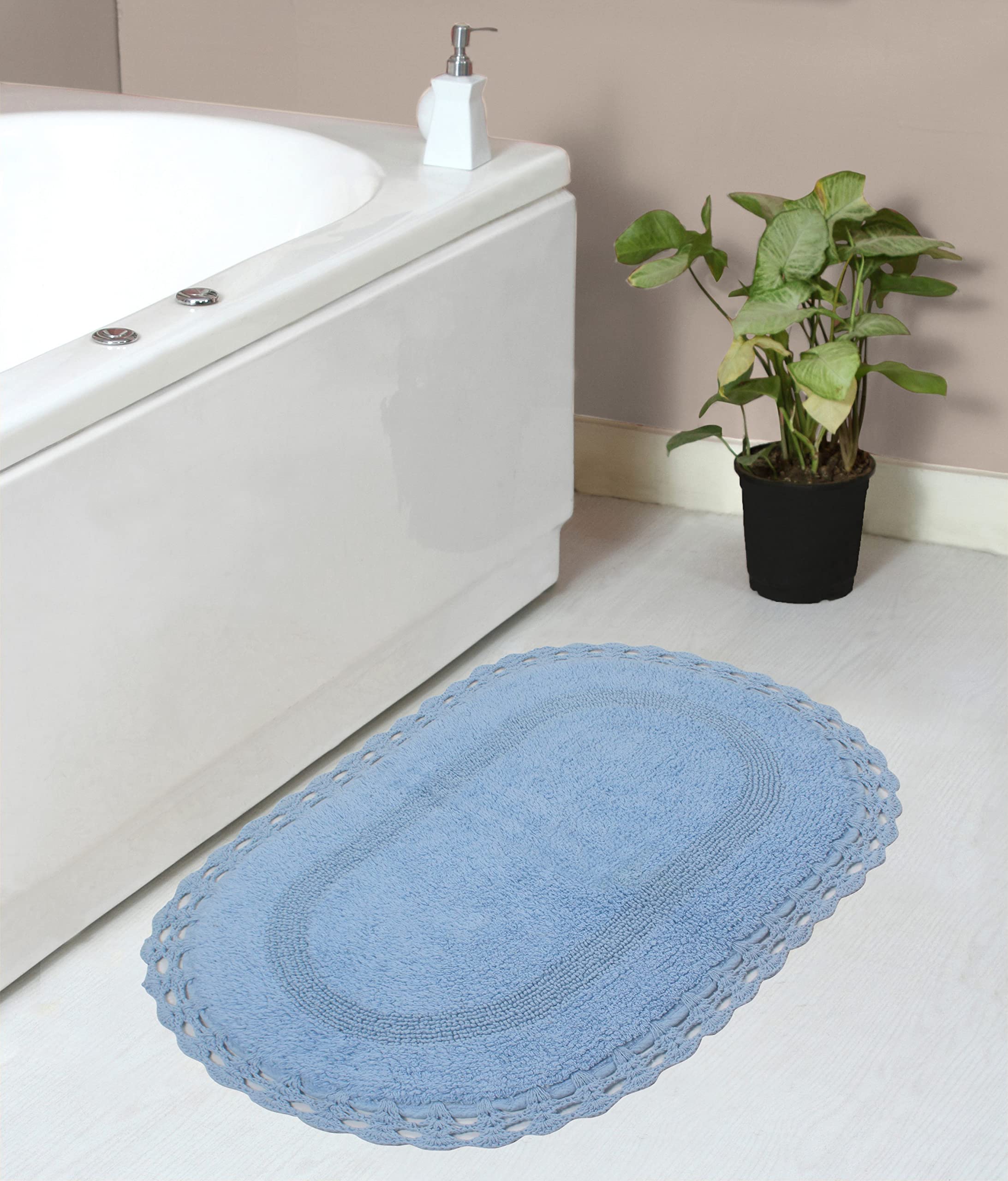 Home Weavers Hampton Crochet Reversible Bath Mat Set - 100% Cotton Washable Bathroom Rug, Ultra Soft & Absorbent Non-Slip Kitchen Mat, 21x34 Inch Rectangle Blue - Perfect for Bathrooms, Showers & Kitchen Floors