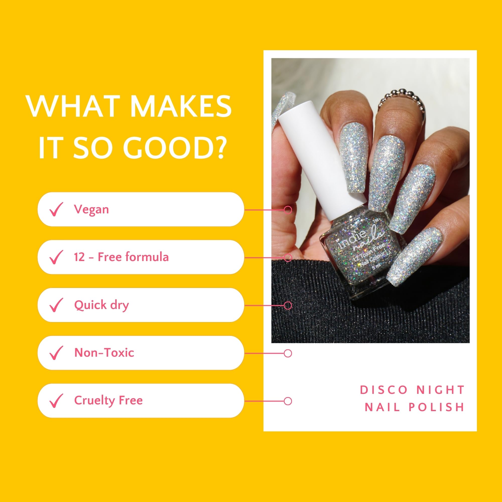 Indie Nails Disco Nights Silver Glitter Holographic Nail Polish - Long Lasting, High Shine, Chip Resistant & Quick Dry Vegan 12-Free Nail Paint (5ml) | Perfect for Parties, Night Out & Special Occasions