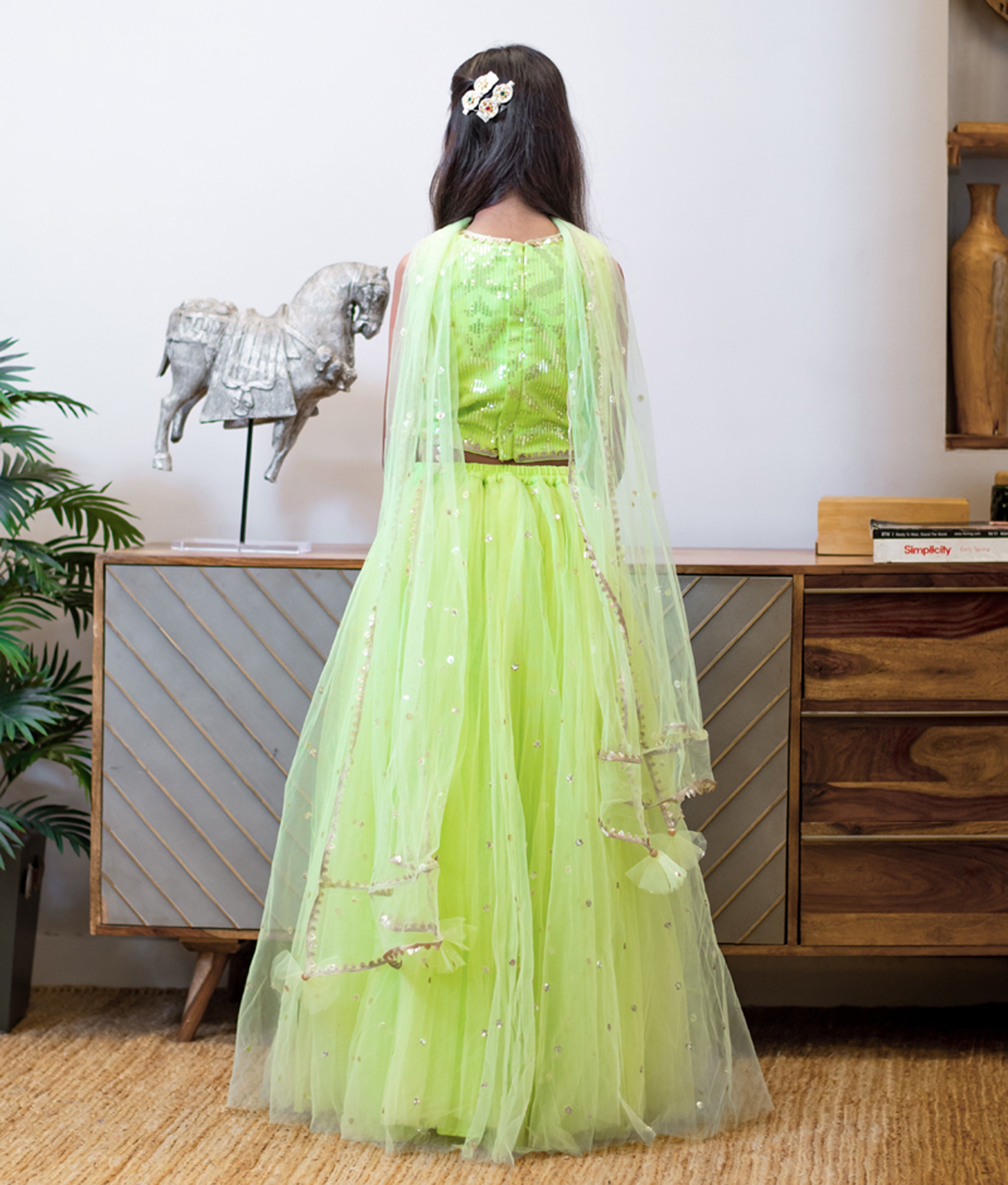 Pre Order Green Boti Net Lehenga Set for Girls - Indian Traditional Dress for Festivals, Weddings & Special Occasions