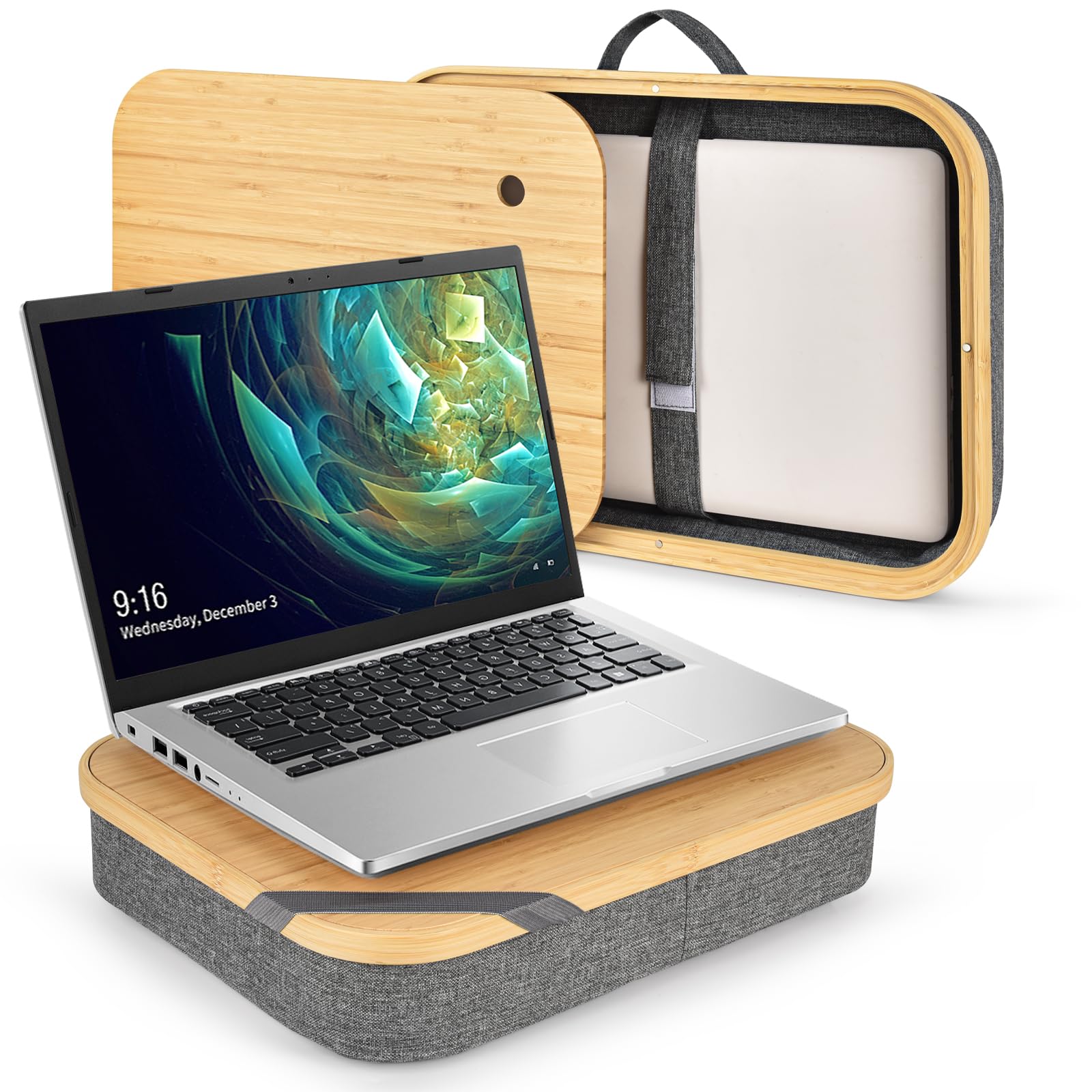 Mayjoy Bamboo Lap Desk with Storage - Removable Cover, Portable Laptop Stand for Work in Bed, Couch or Floor - Perfect for Remote Work, Studying, Drawing & Writing (Grey)
