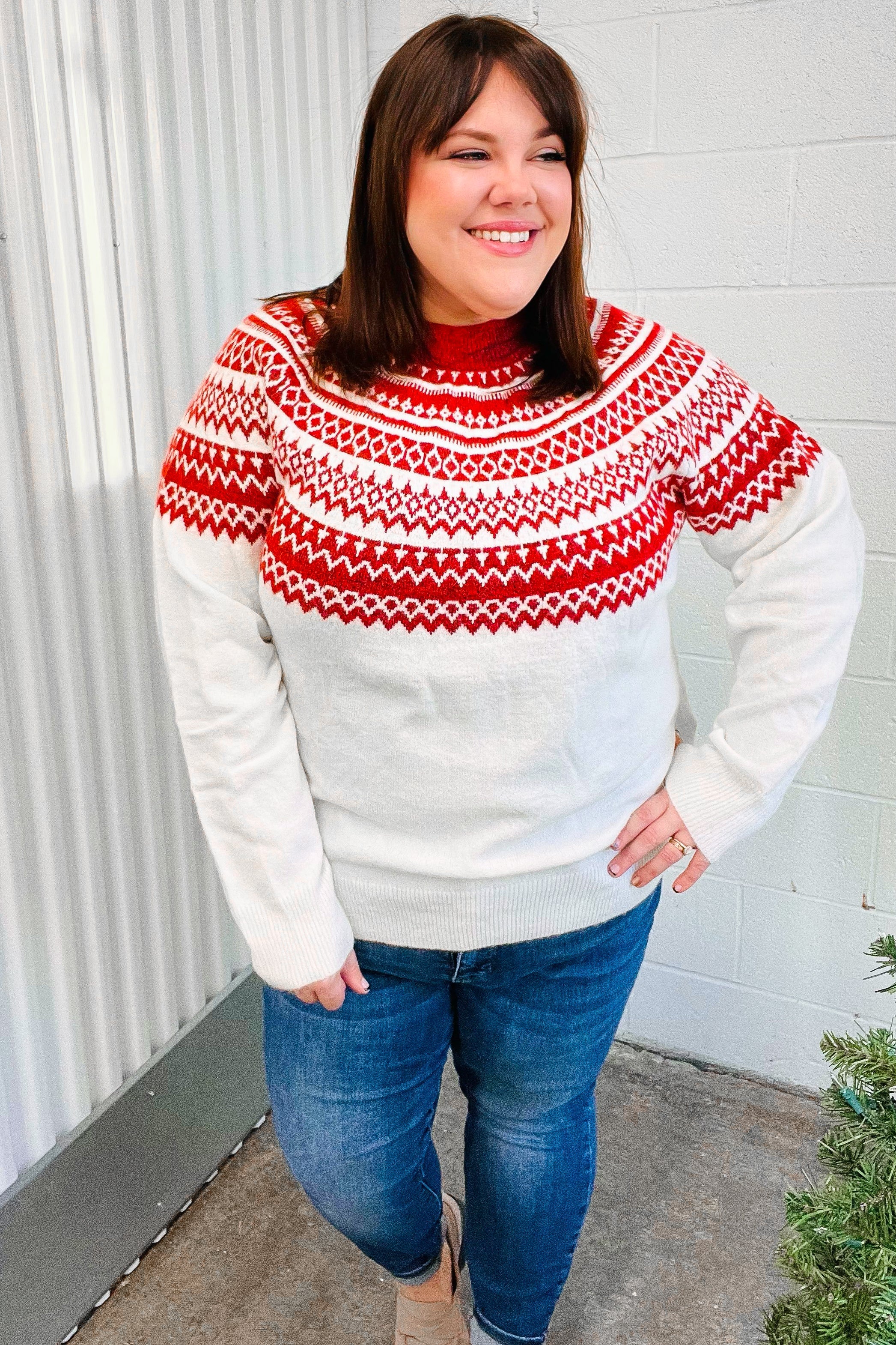 Festive Ivory & Red Fair Isle Mock Neck Sweater - Cozy Christmas Holiday Knitwear for Women, Perfect for Winter Parties & Family Gatherings