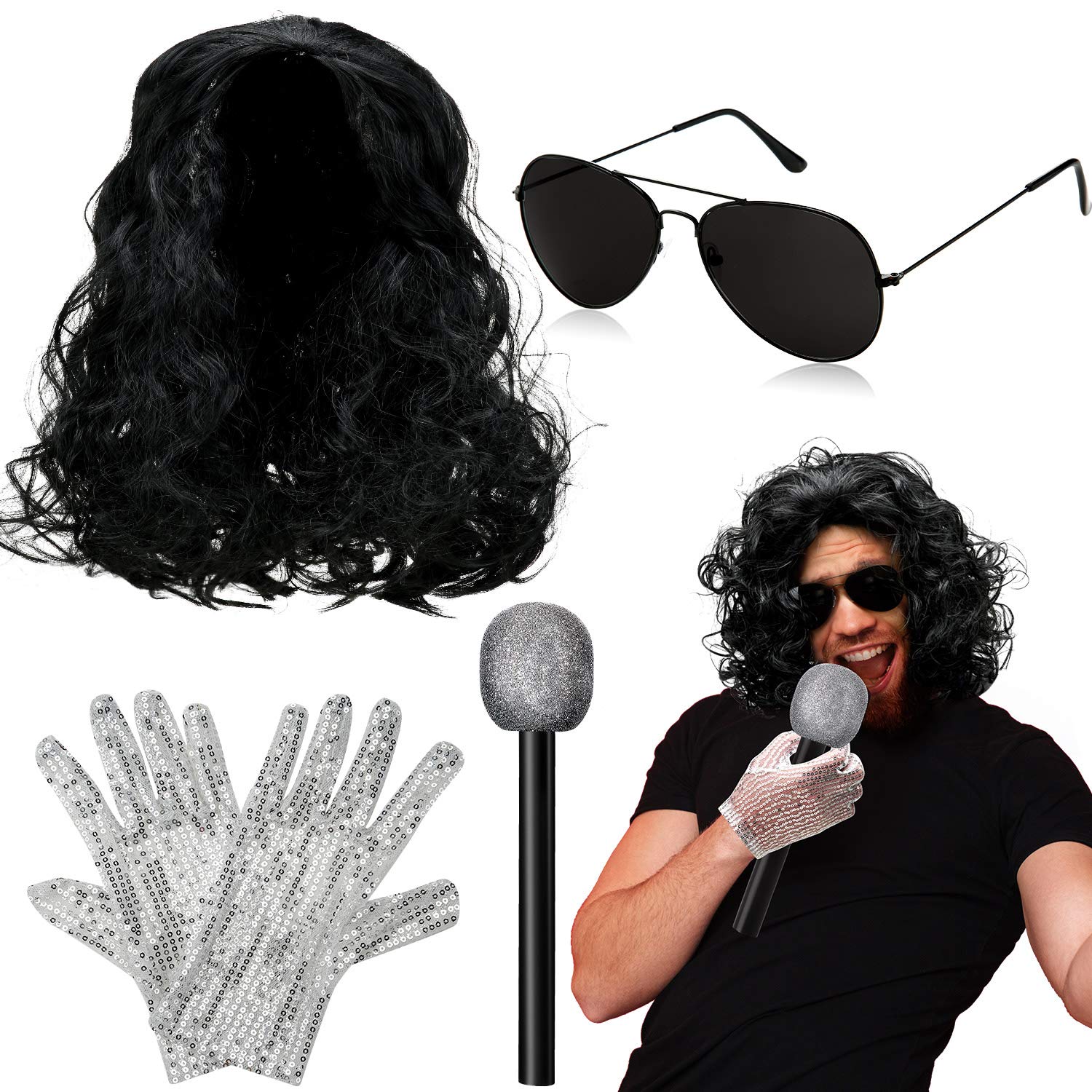 4 Pcs Disco Costume Kit - Halloween Dance Star Outfit with Wig, Gloves, Microphone & Sunglasses for 80s 90s Pop Stage Performance, Cosplay, and Themed Parties | Perfect for Halloween, Disco Nights, and Retro Costume Events