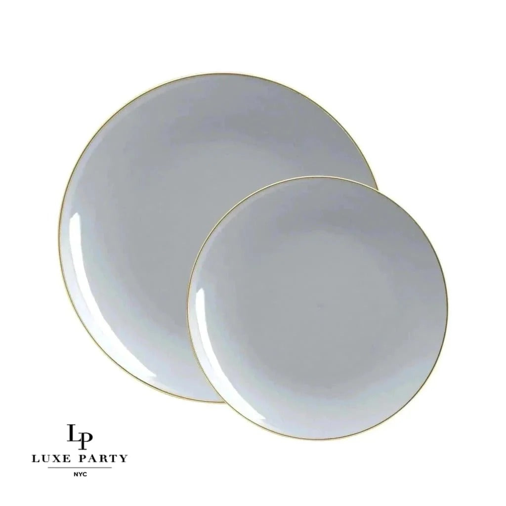 Eco-Friendly Round Plastic Plates with Grey and Gold Rim - Durable & Stylish Disposable Tableware for Parties, Picnics, and Everyday Use
