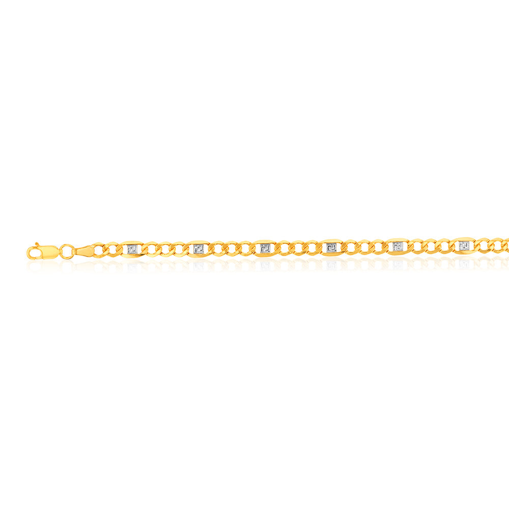 9ct White & Yellow Gold Silver-Filled Figaro Curb Chain Bracelet with Greek Link - 21cm (8.3