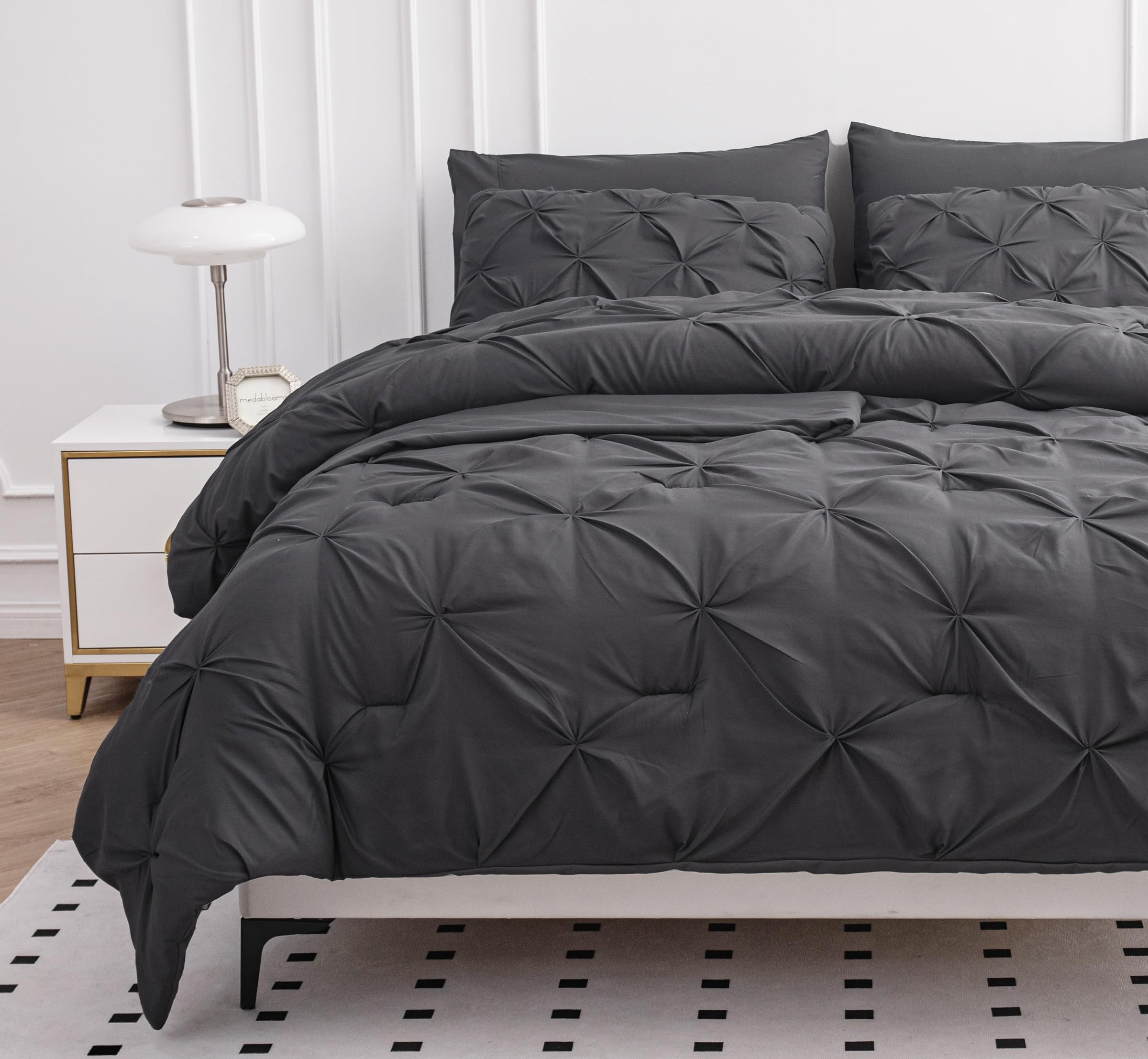 Luxury LANE LINEN 7-Piece Queen Size Comforter Set with Pintuck Design - Soft Bed in a Bag Includes Sheets, Pillowcases & Shams - Premium Grey Bedding for Master Bedroom, Guest Room & Cozy Home Decor